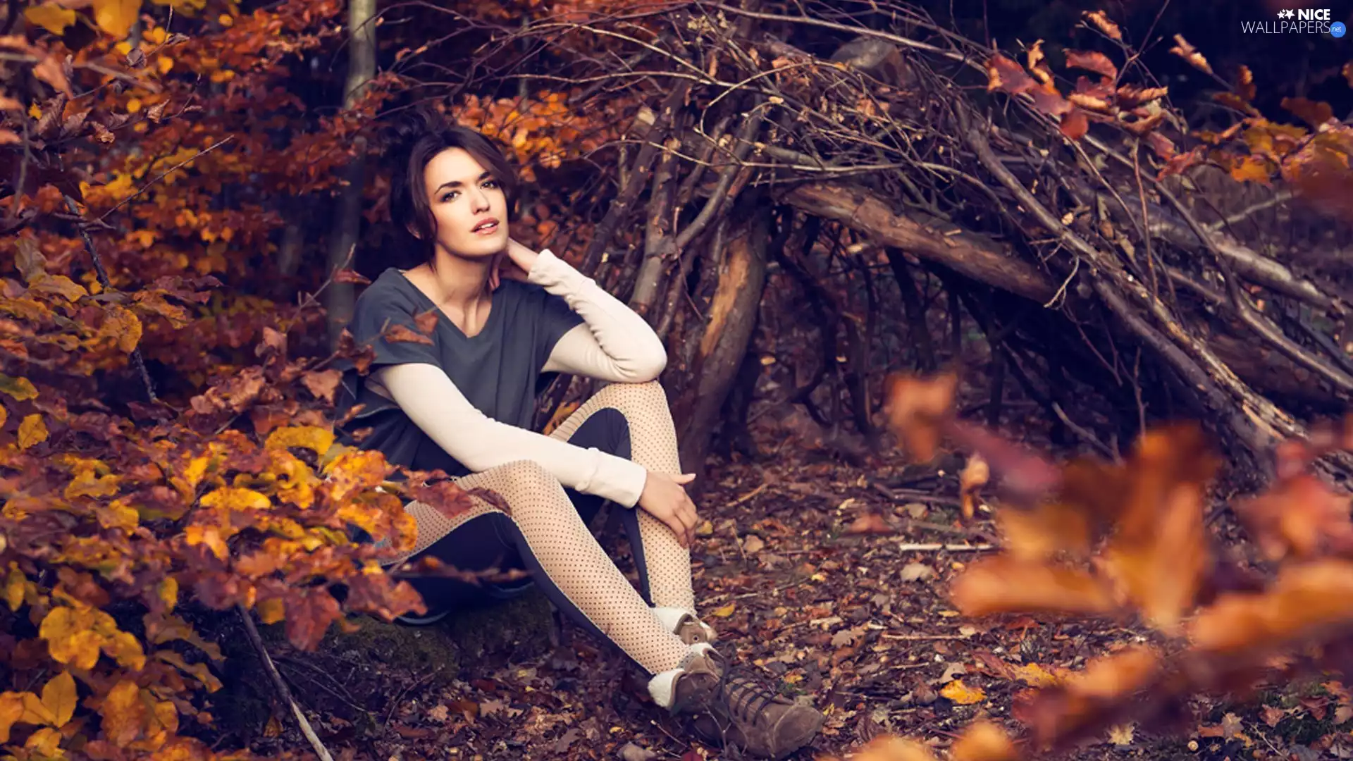 Women, branch pics, Leaf, make-up