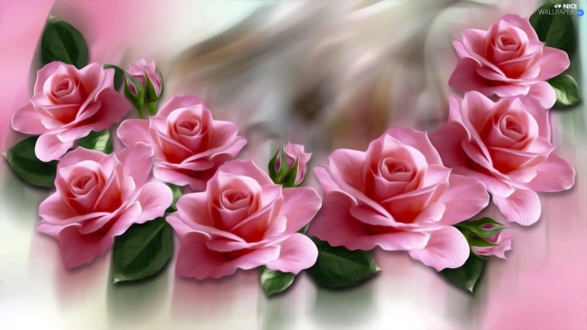 Pink, leaves, Flowers, roses, graphics