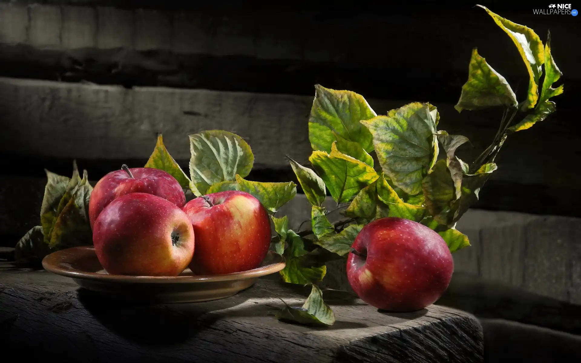 twig, leaves, Fruits, apples, plate