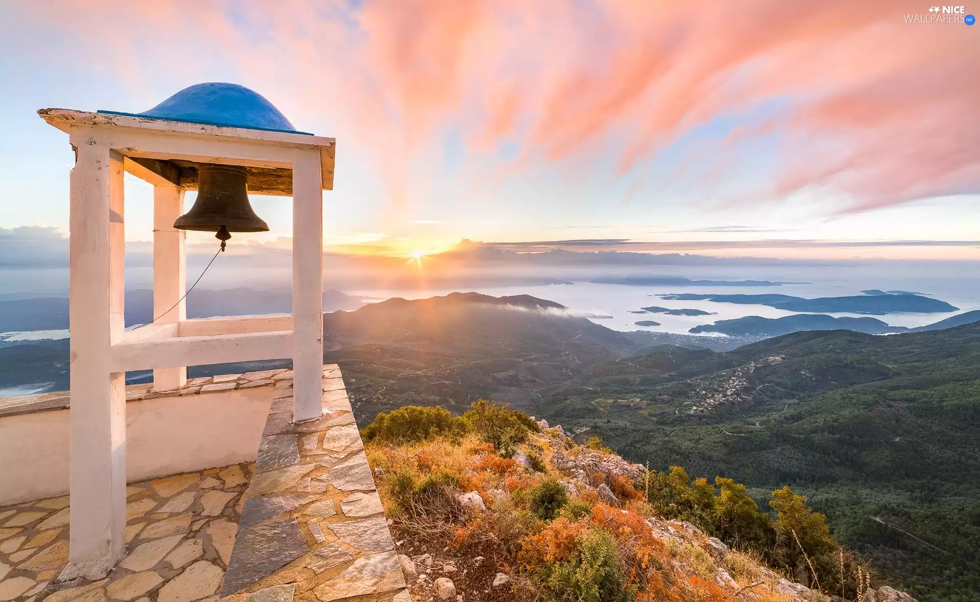 Lefkada Island, Greece, sea, Mountains, bell, Sunrise, forest, belfry, Valley