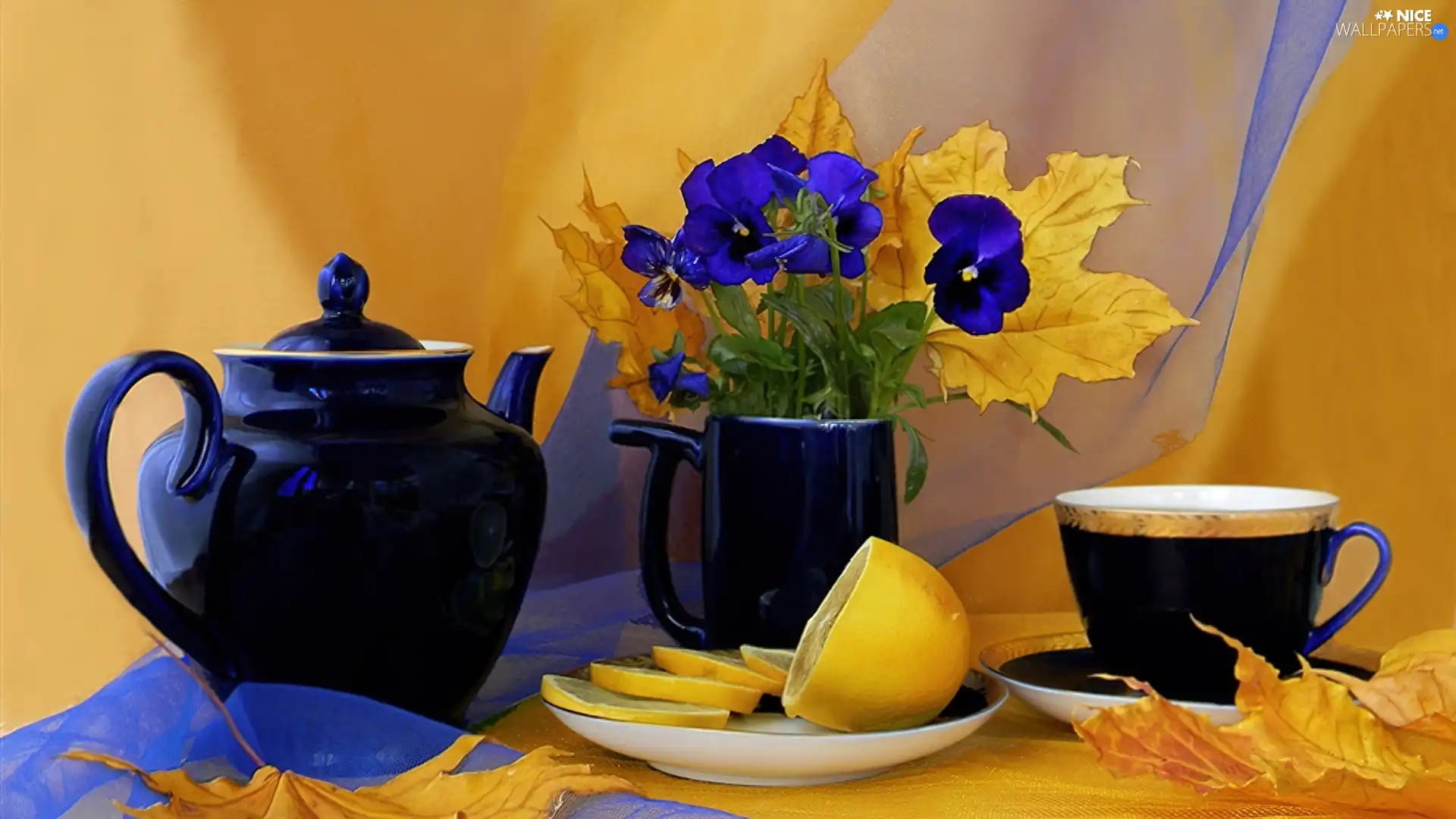 tea, pansies, lemon, teapot