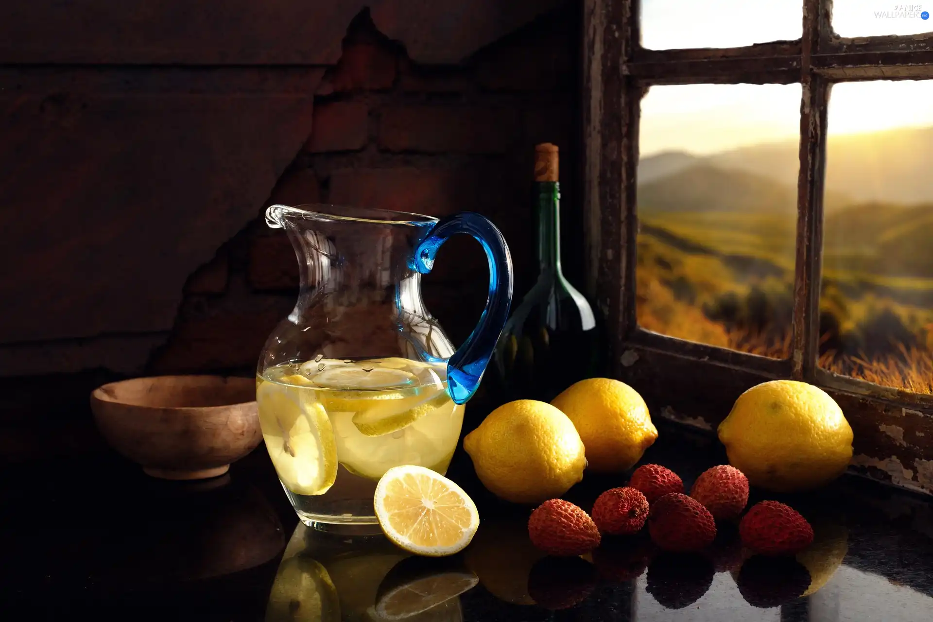 lemon, lemonade, Window, drink, composition, lemons, Bottle