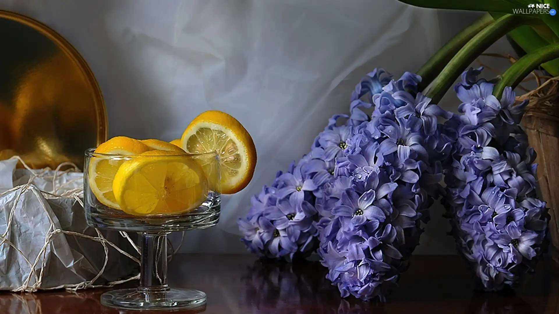 lemons, Hyacinths, glass