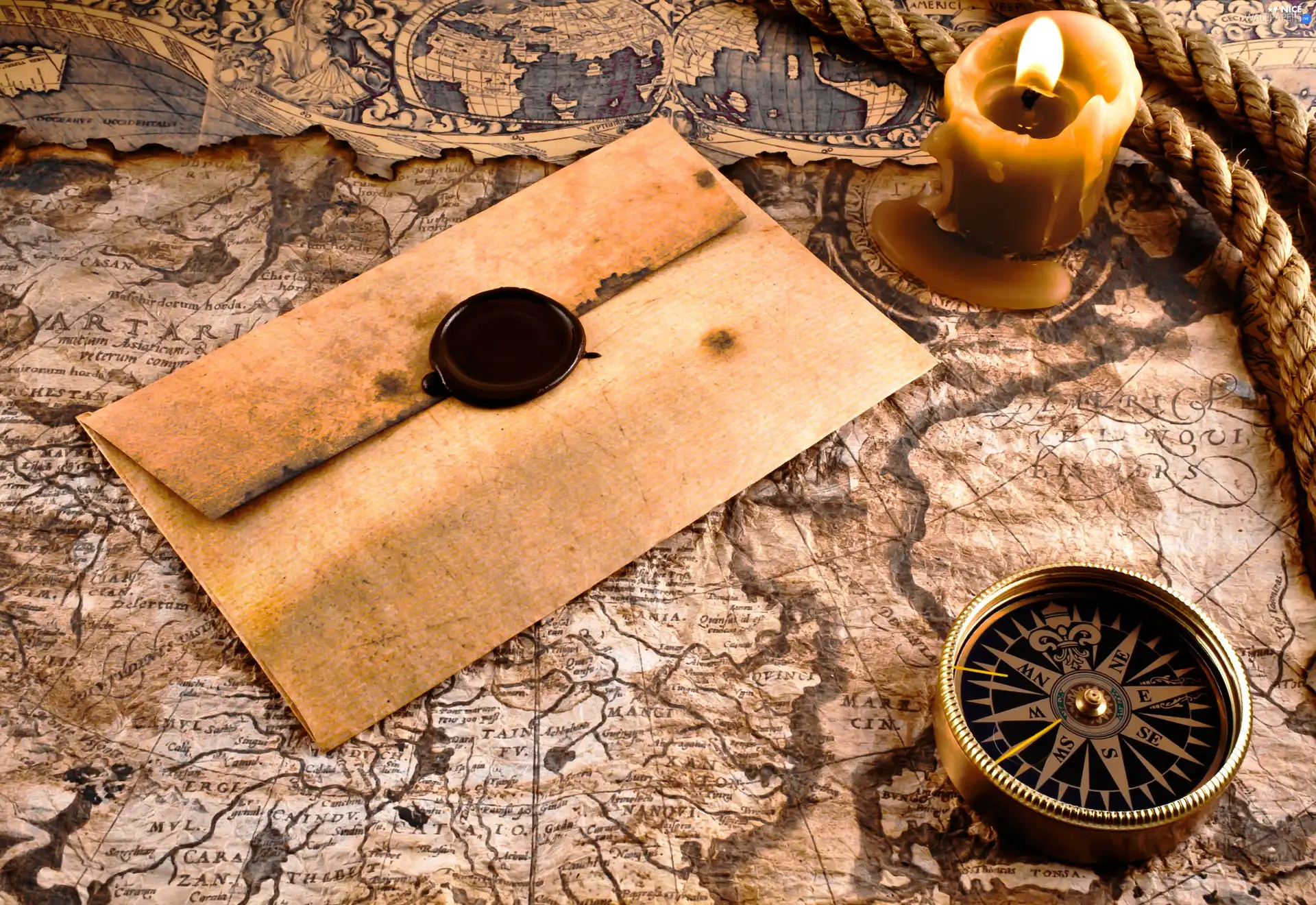 compass, Old, letter, Map, composition, cord, candle