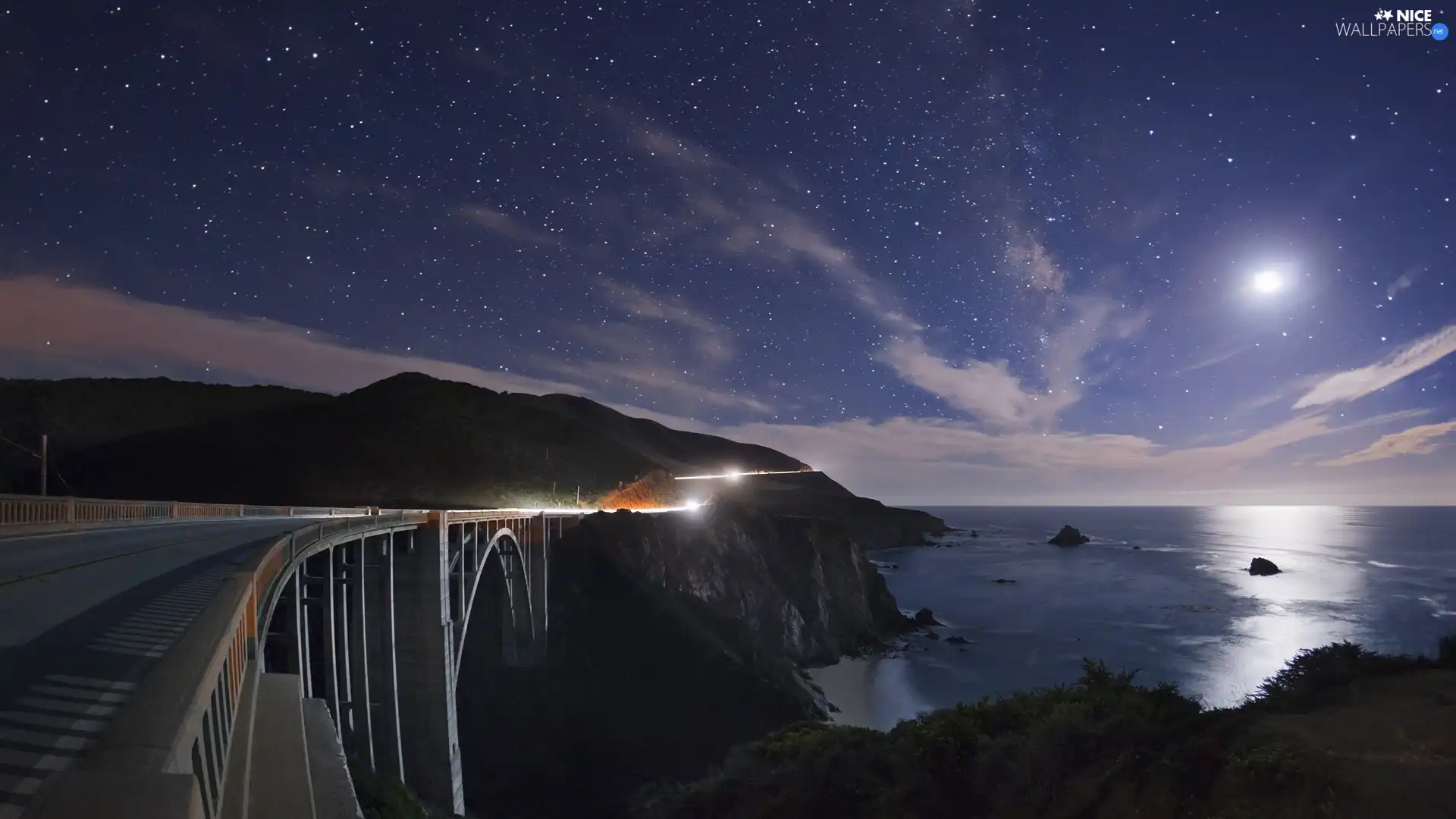 ligh, sun, California, flash, Moon, Night, Bixby Bridge, luminosity