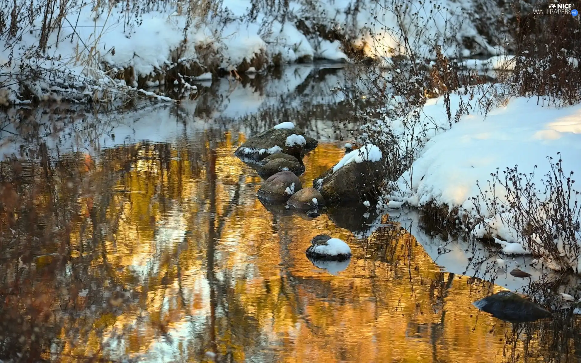 Przebijające, ligh, winter, sun, luminosity, Stones, River, flash