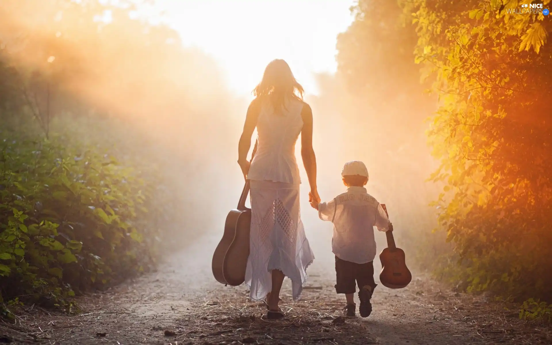 forest, Women, Fog, Way, ligh, luminosity, flash, Guitars, boy, sun, Przebijające