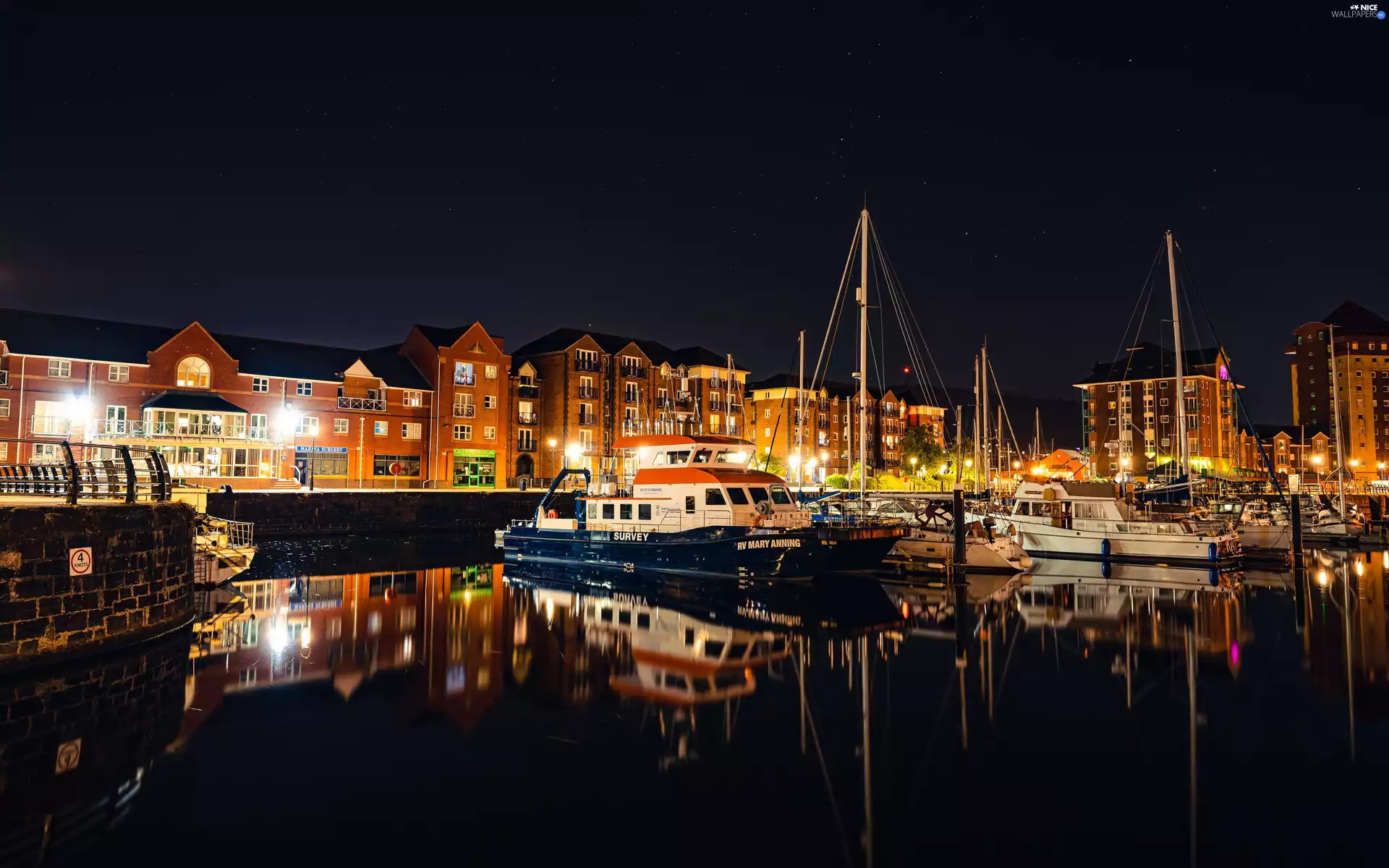 Night, light, boats, Harbour, Houses