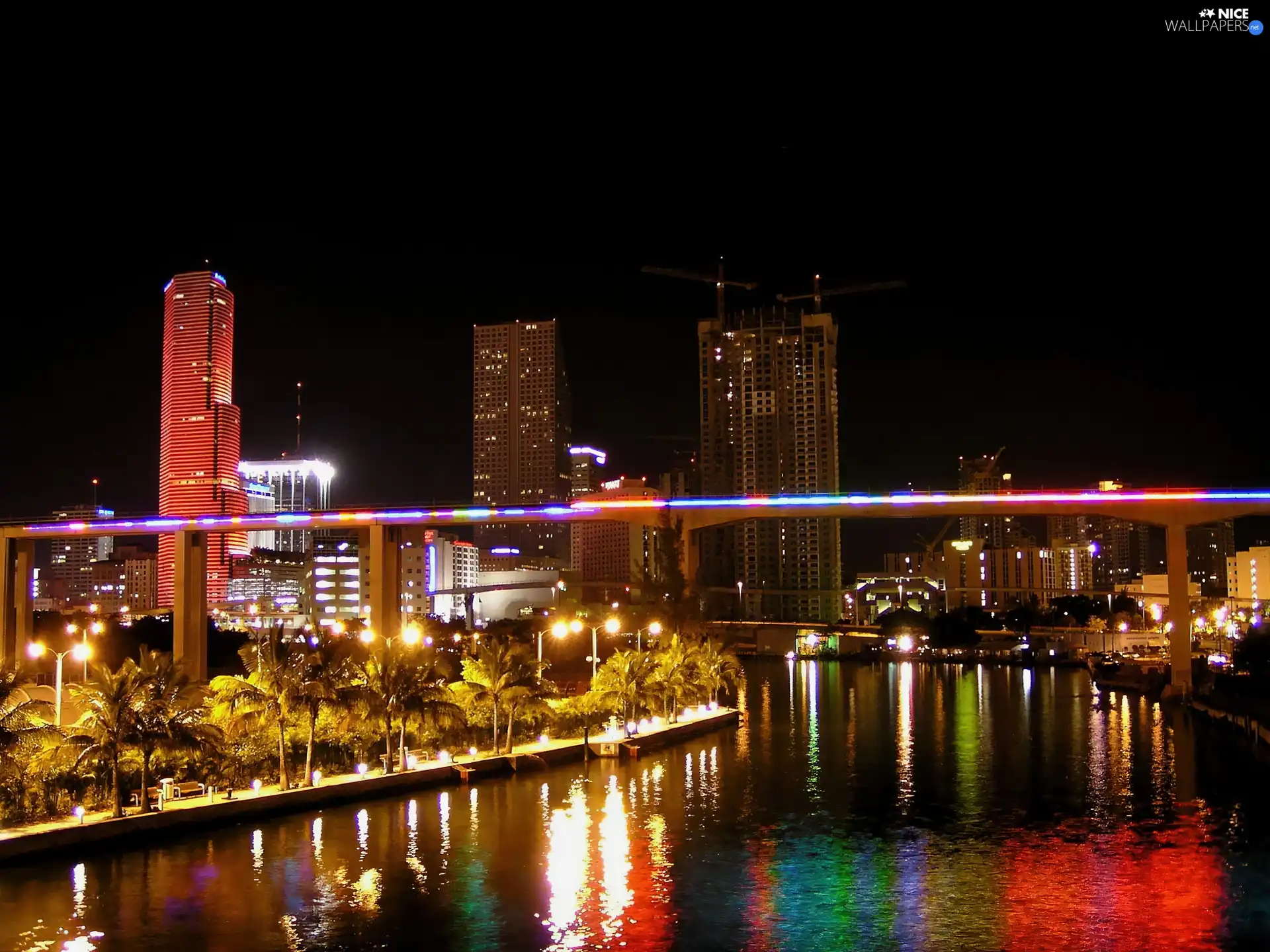 light, night, centre, town, Miami