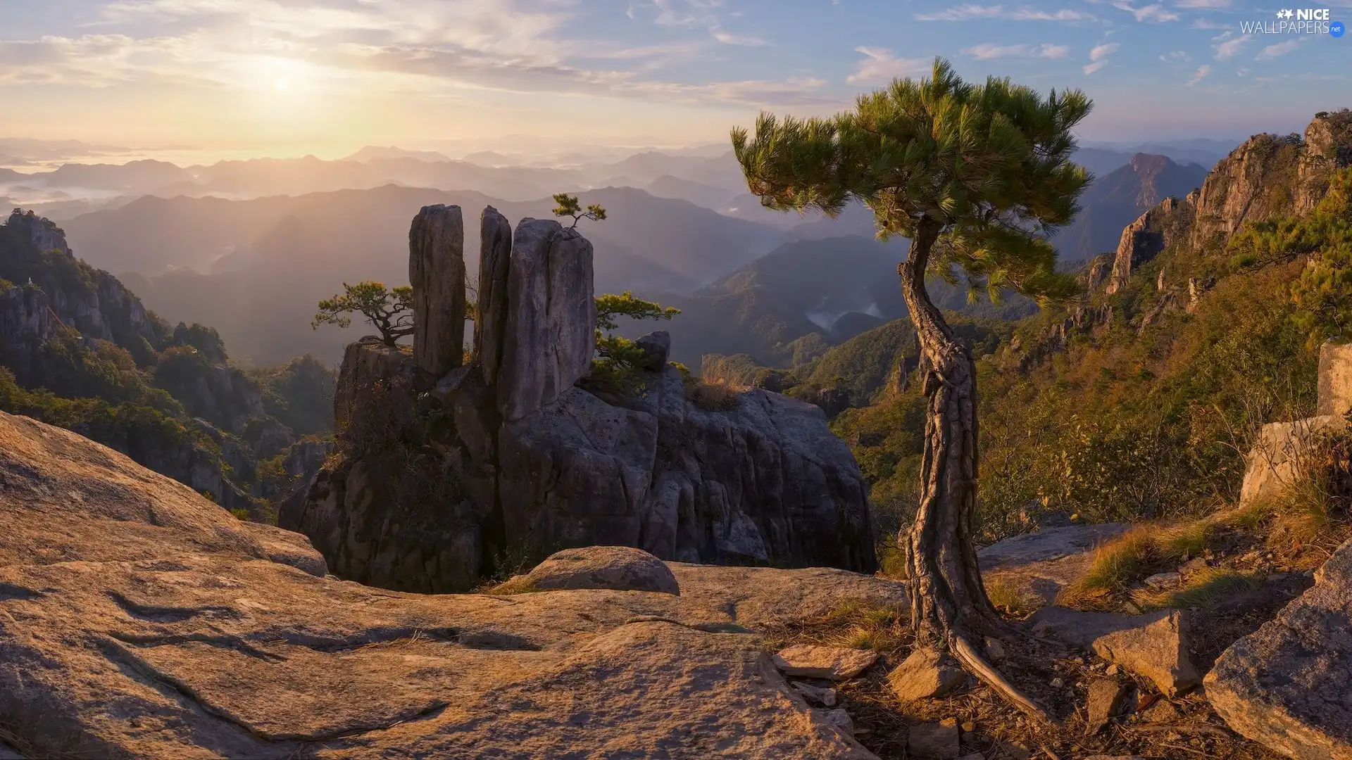 light breaking through sky, Mountains, viewes, pine, trees, rocks