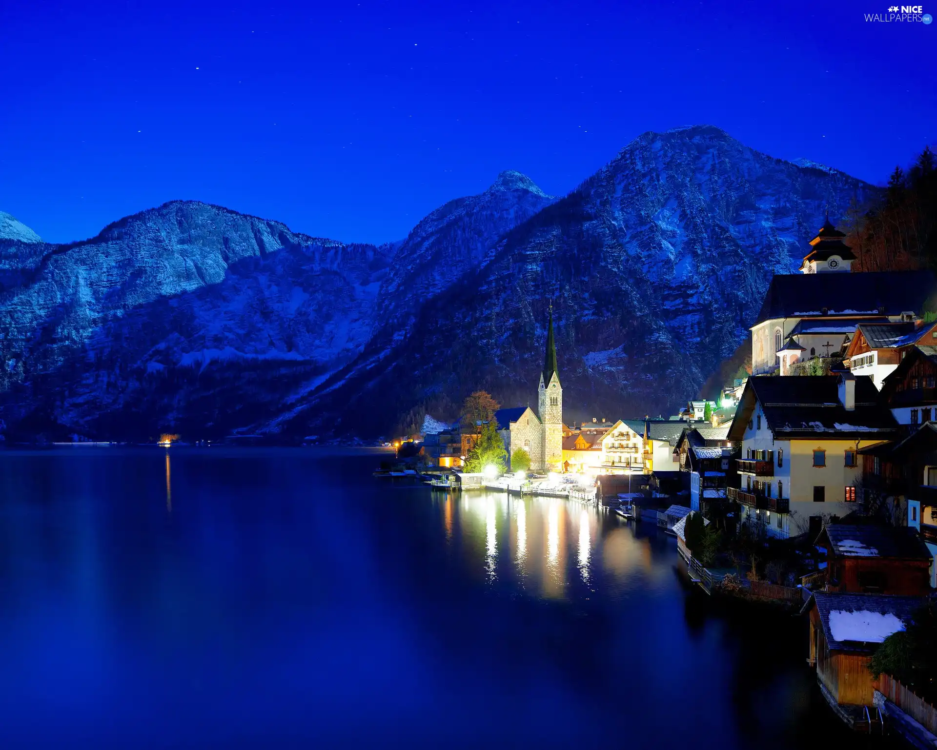Night, Hallstatt, winter, Mountains, Austria, light, lake