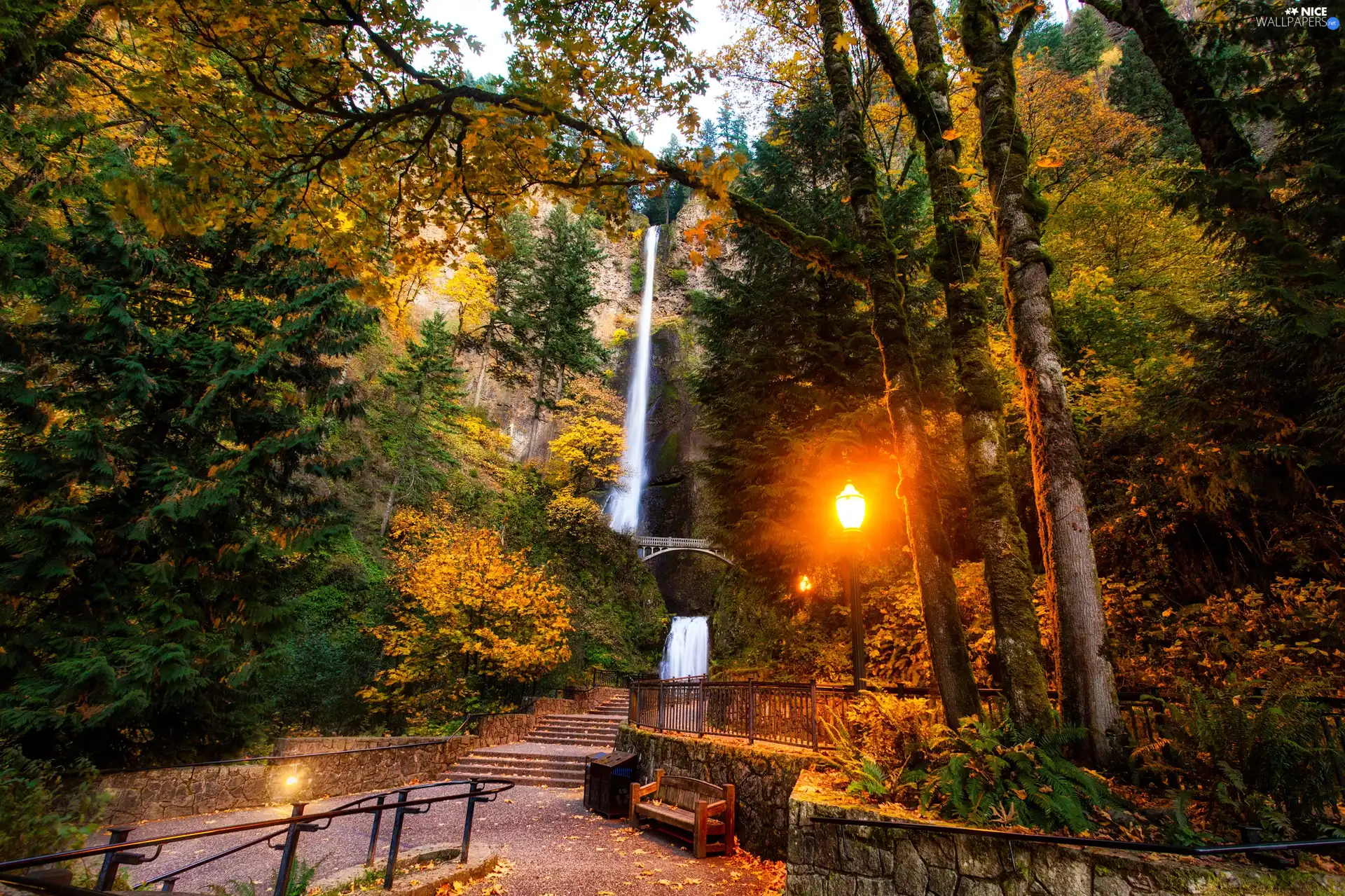 Lighthouse, Bench, lane, waterfall, Park