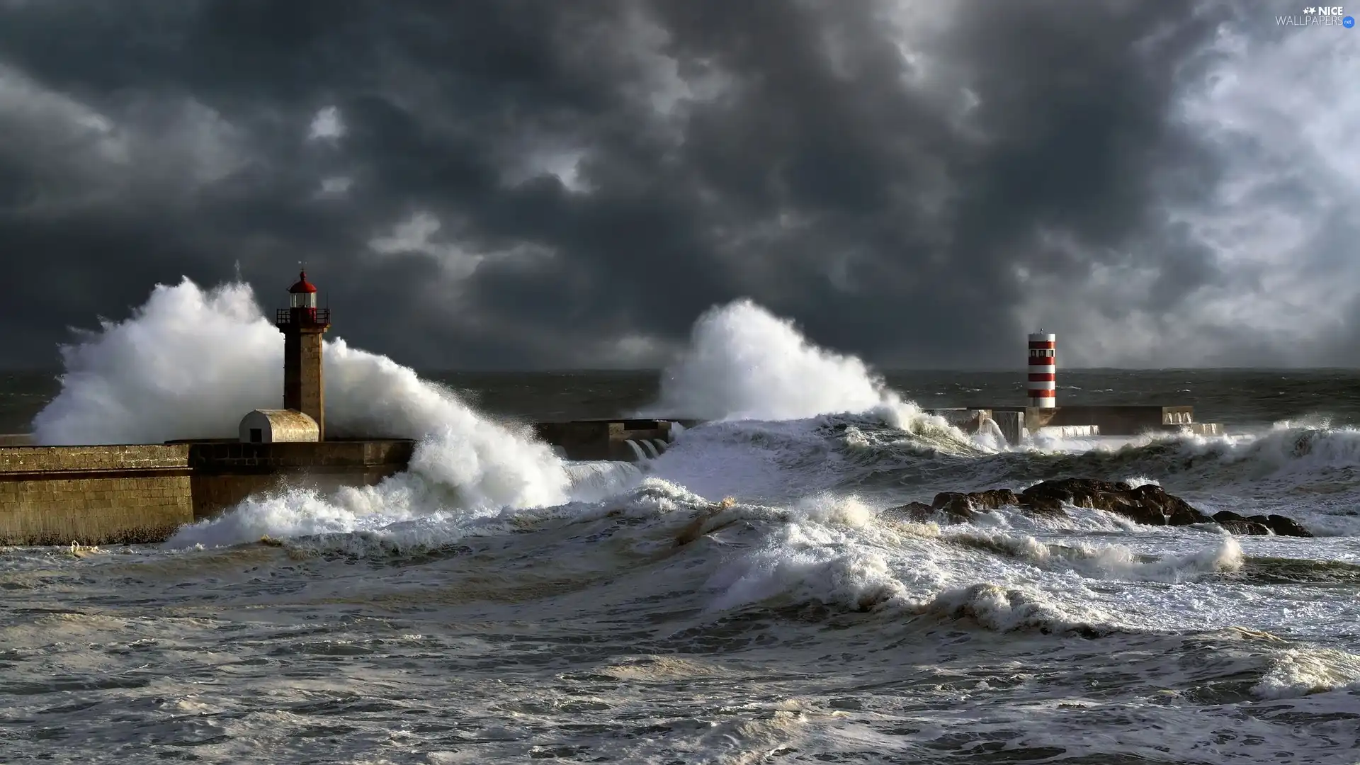 Lighthouse, maritime, sea, Waves, clouds