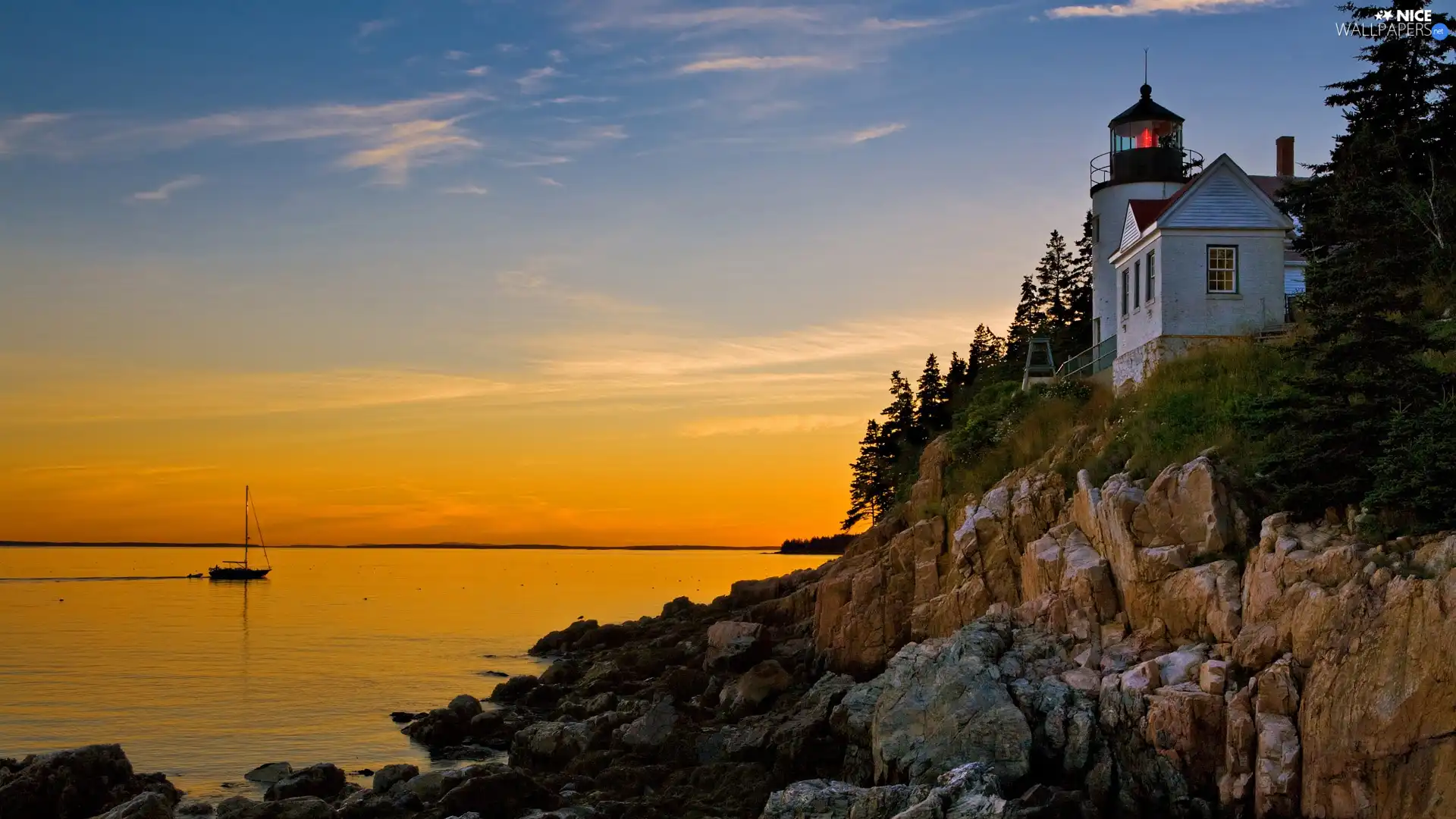 Lighthouse, maritime, rocks, sea, Yacht