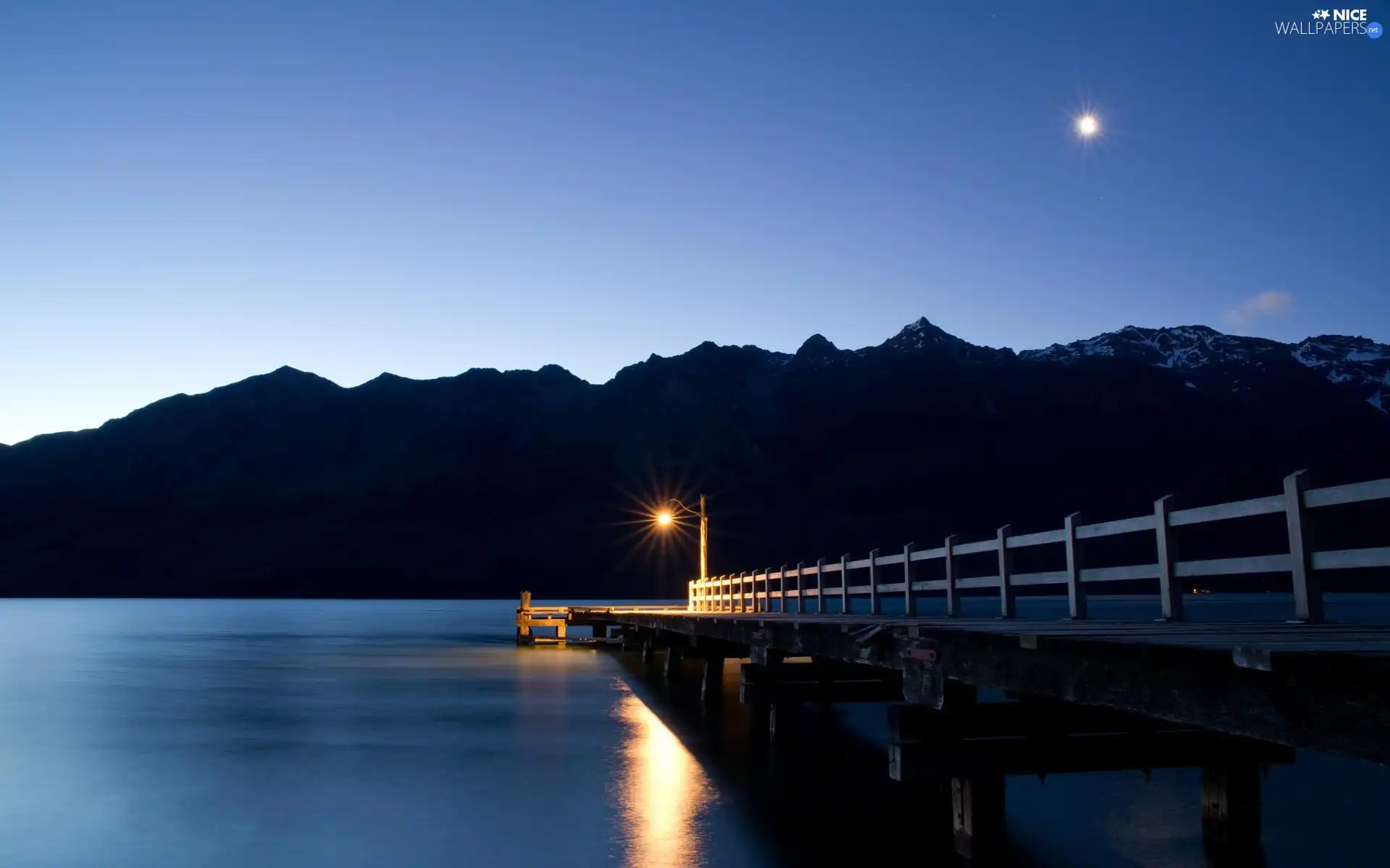 Lighthouse, moon, Mountains, Platform, lake