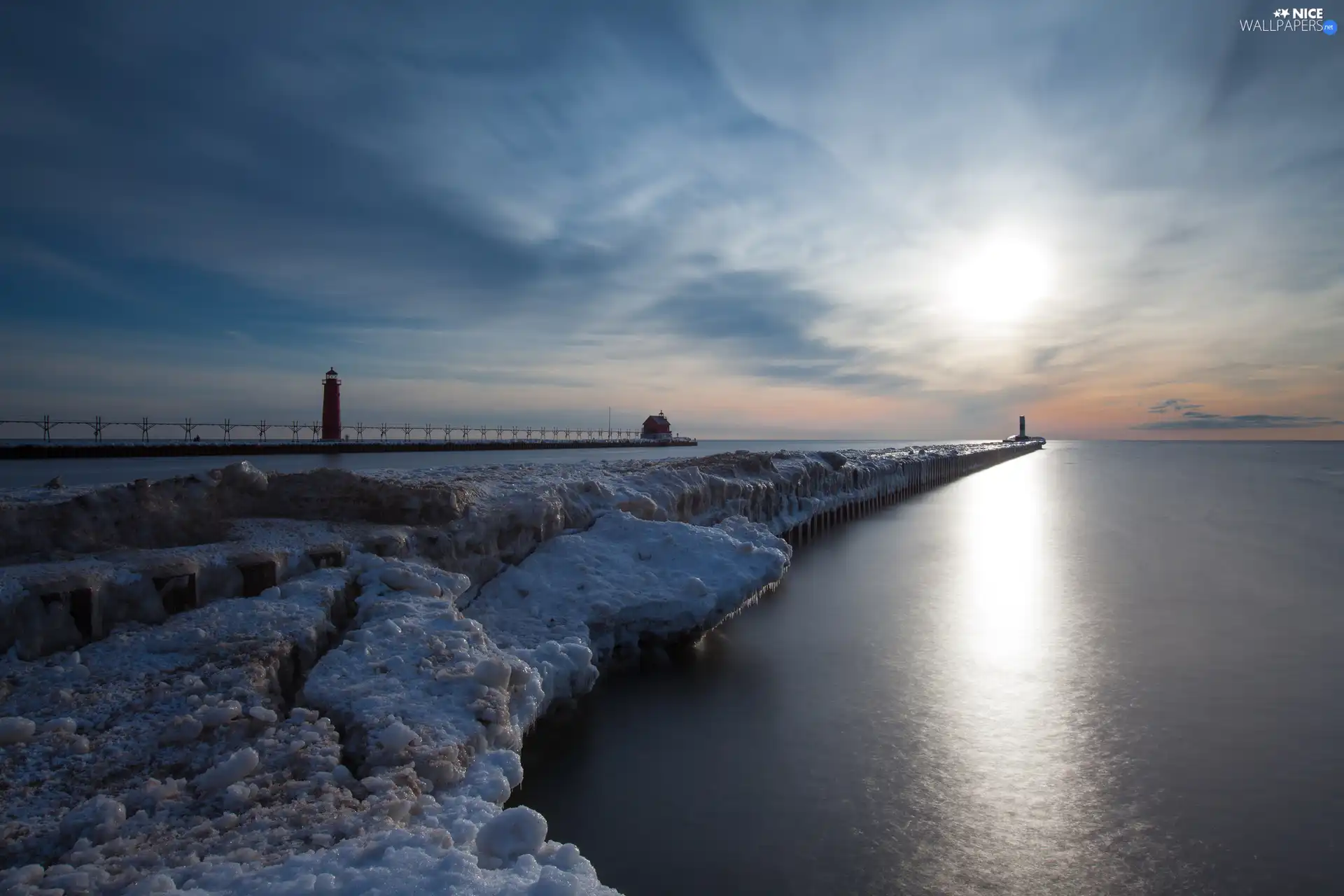 Lighthouses, pier, sea, Sunrise, winter