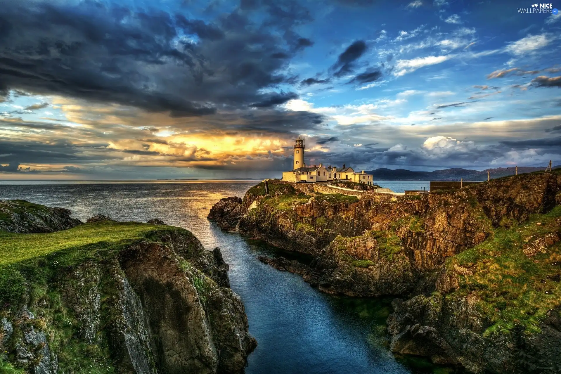 west, sea, Lighthouses, sun