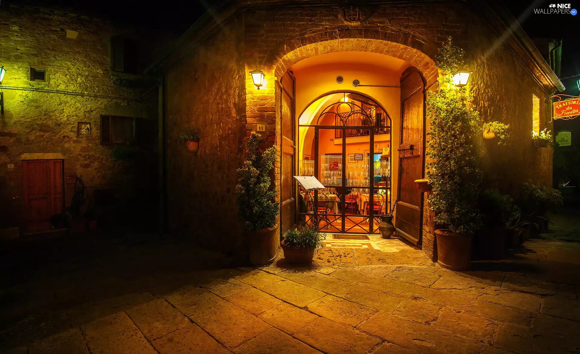 Flowers, lighting, entry, Street, cafe