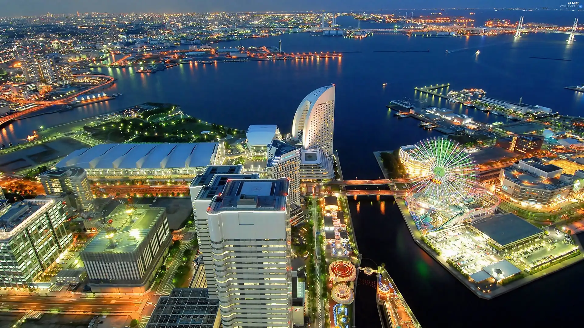 lighting, sea, town, buildings, View