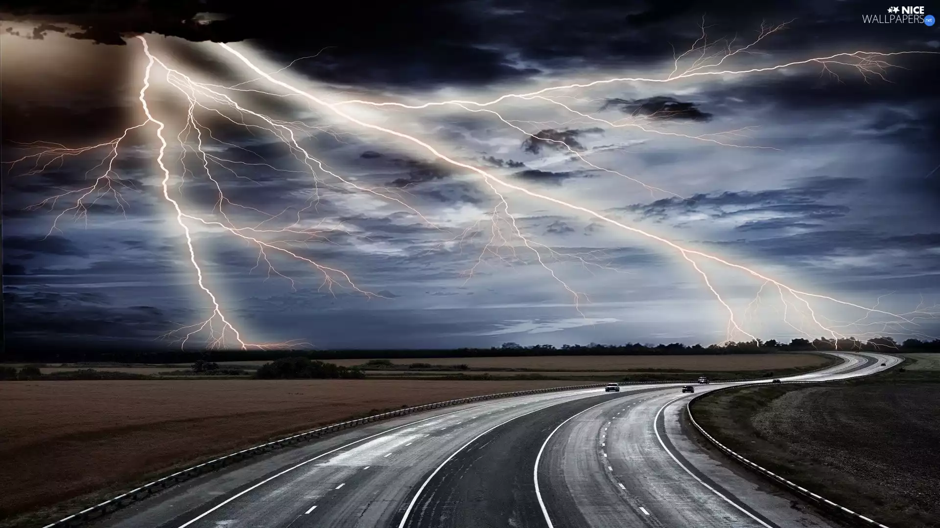 Sky, lightning, turn, Field, Way