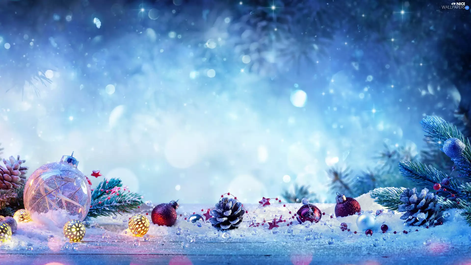 baubles, cones, Twigs, lights