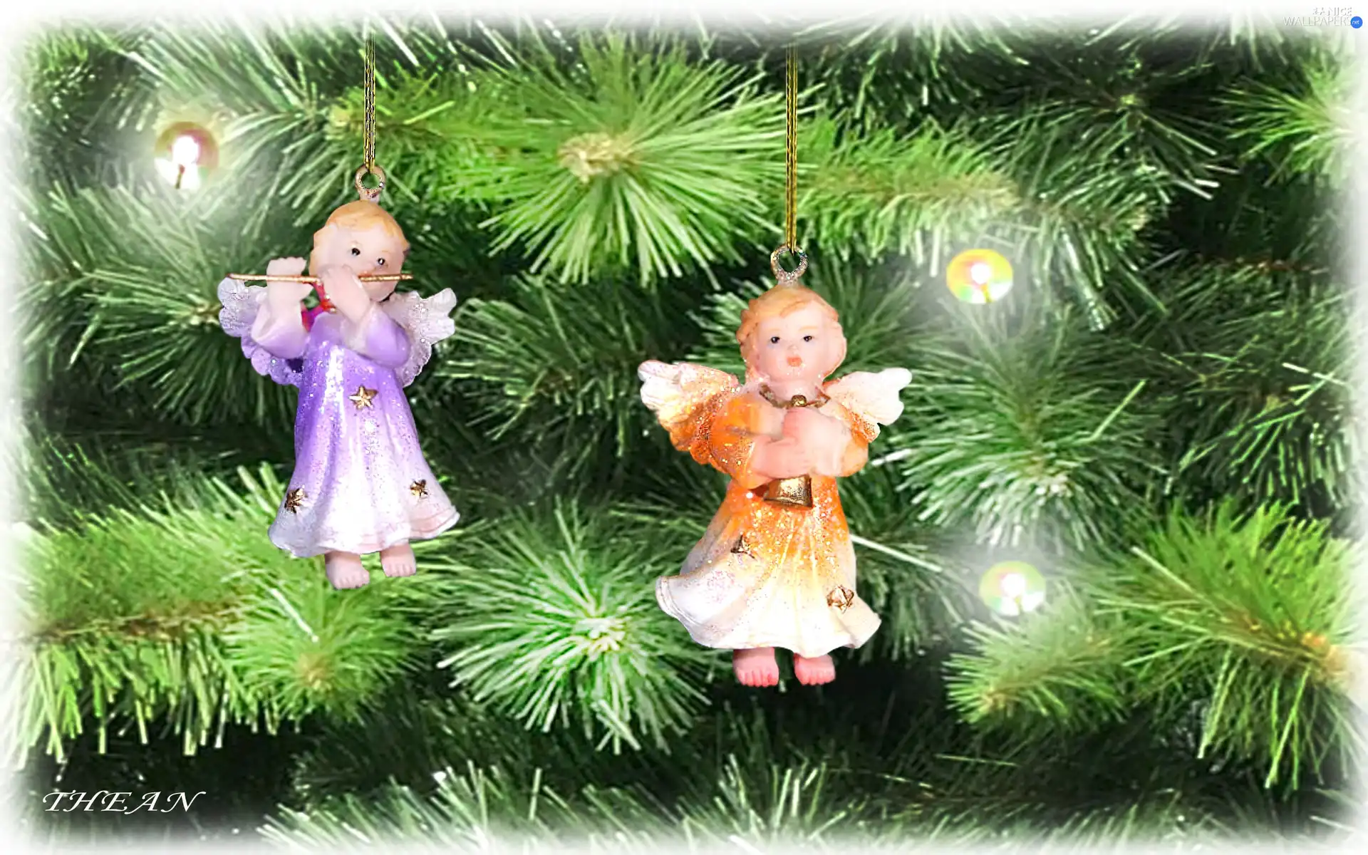Two cars, christmas tree, lights, angels