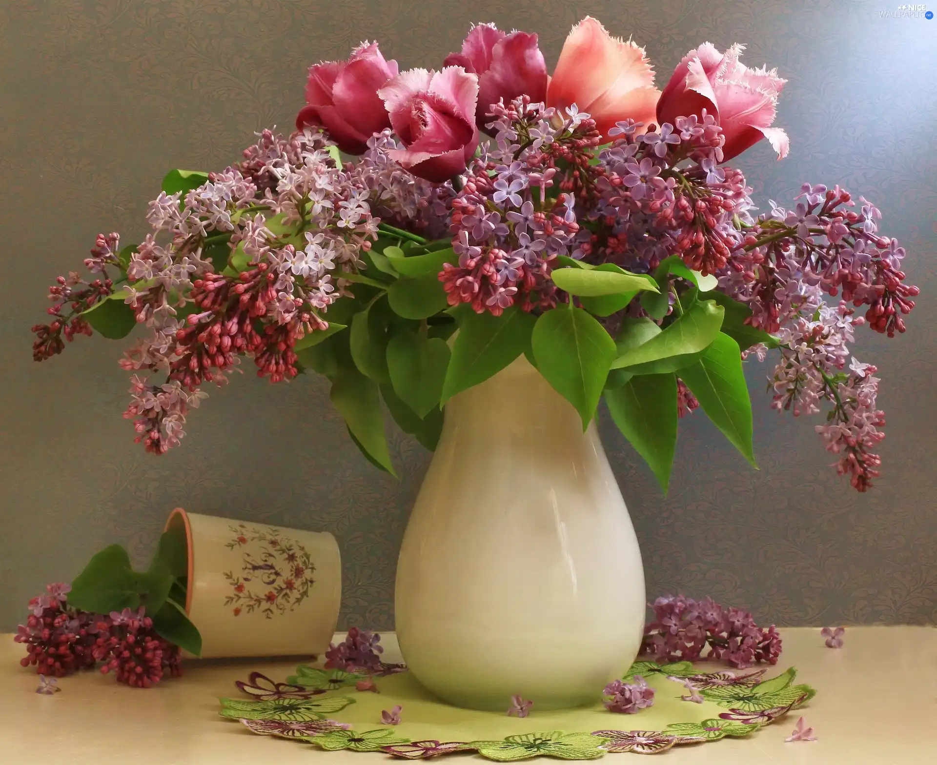 Lilacs, bouquet, tulips