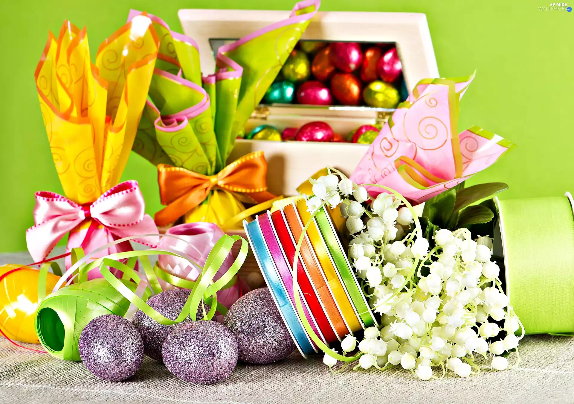 Ribbons, lilies, eggs, gifts, easter