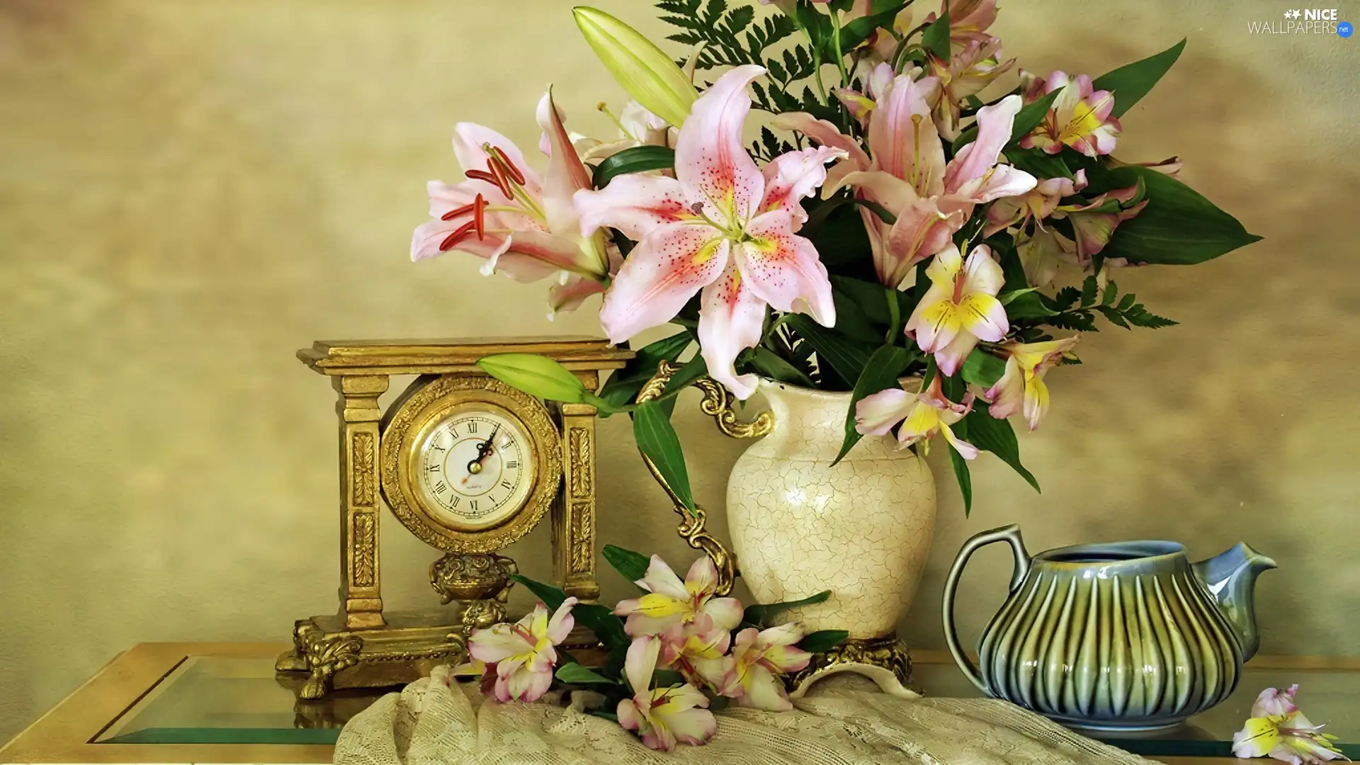 jug, bouquet, Tiger lily, Clock