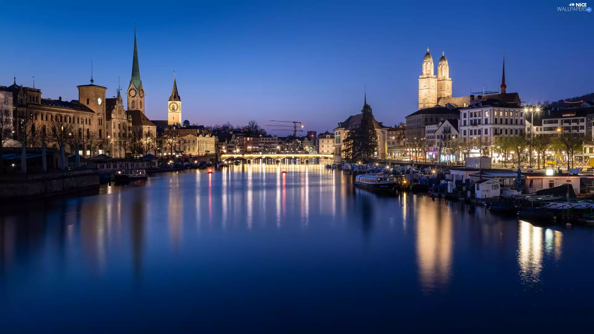 Night, Switzerland, River Limmat, bridge, Houses, Zurich