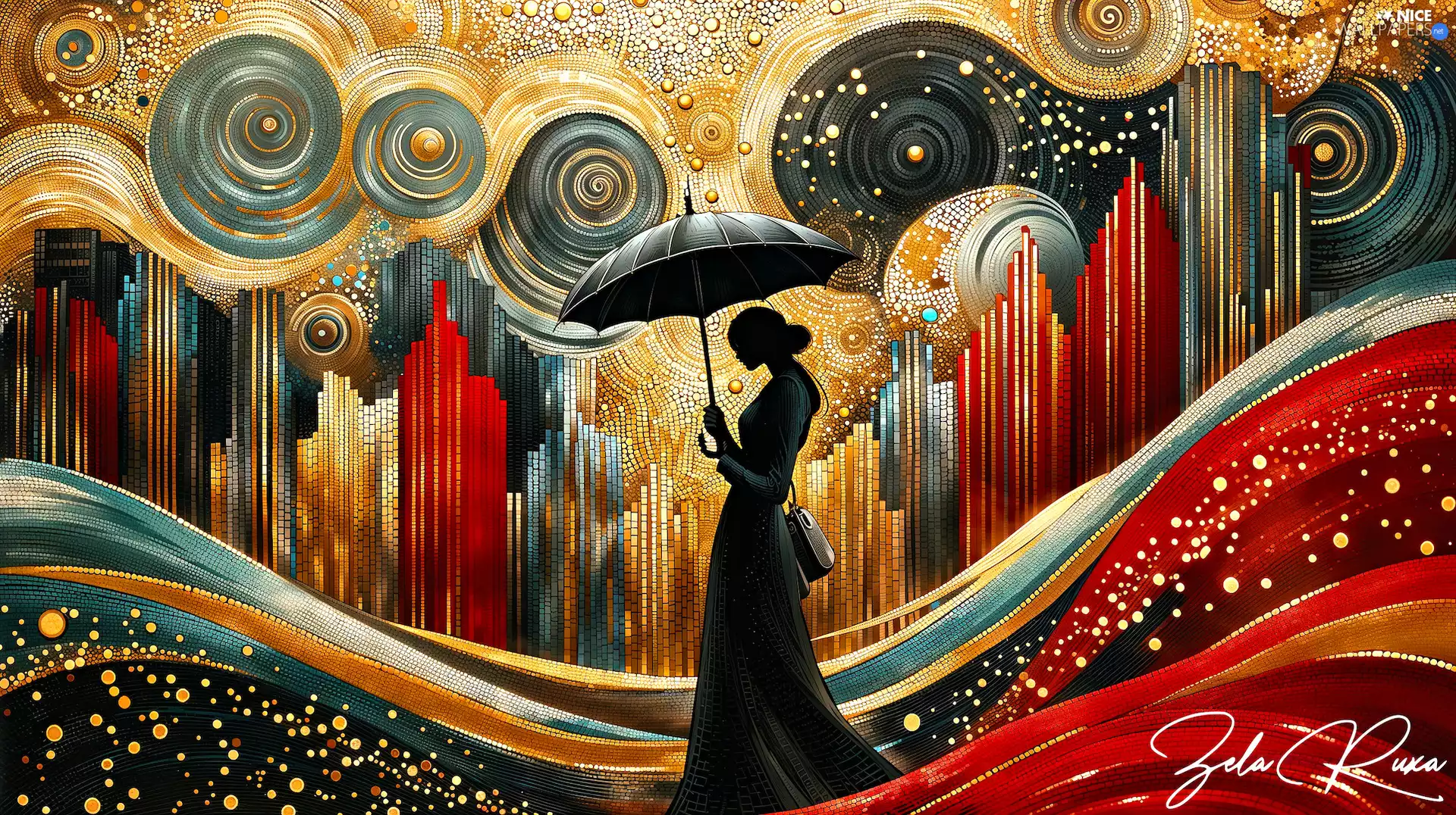 figure, Umbrella, Ai, Waves, color, Women, graphics, lines