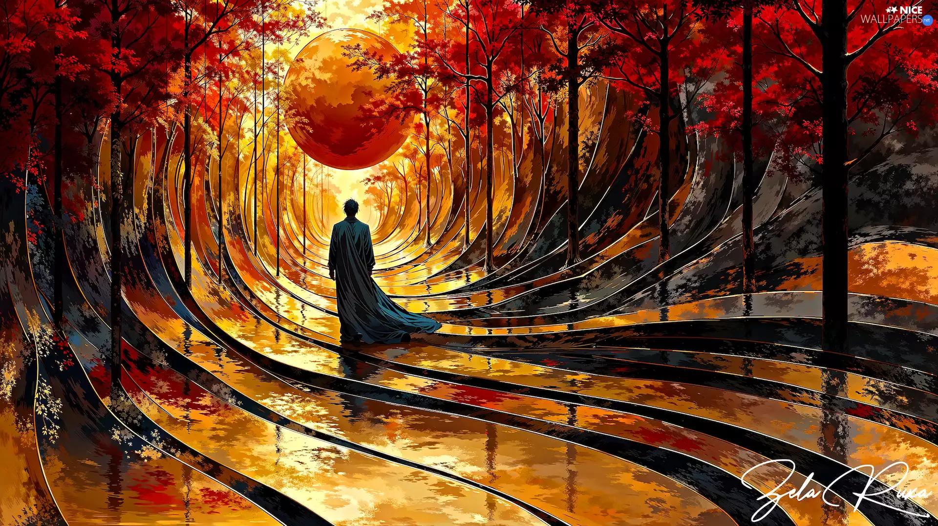 trees, fantasy, autumn, lines, viewes, Human