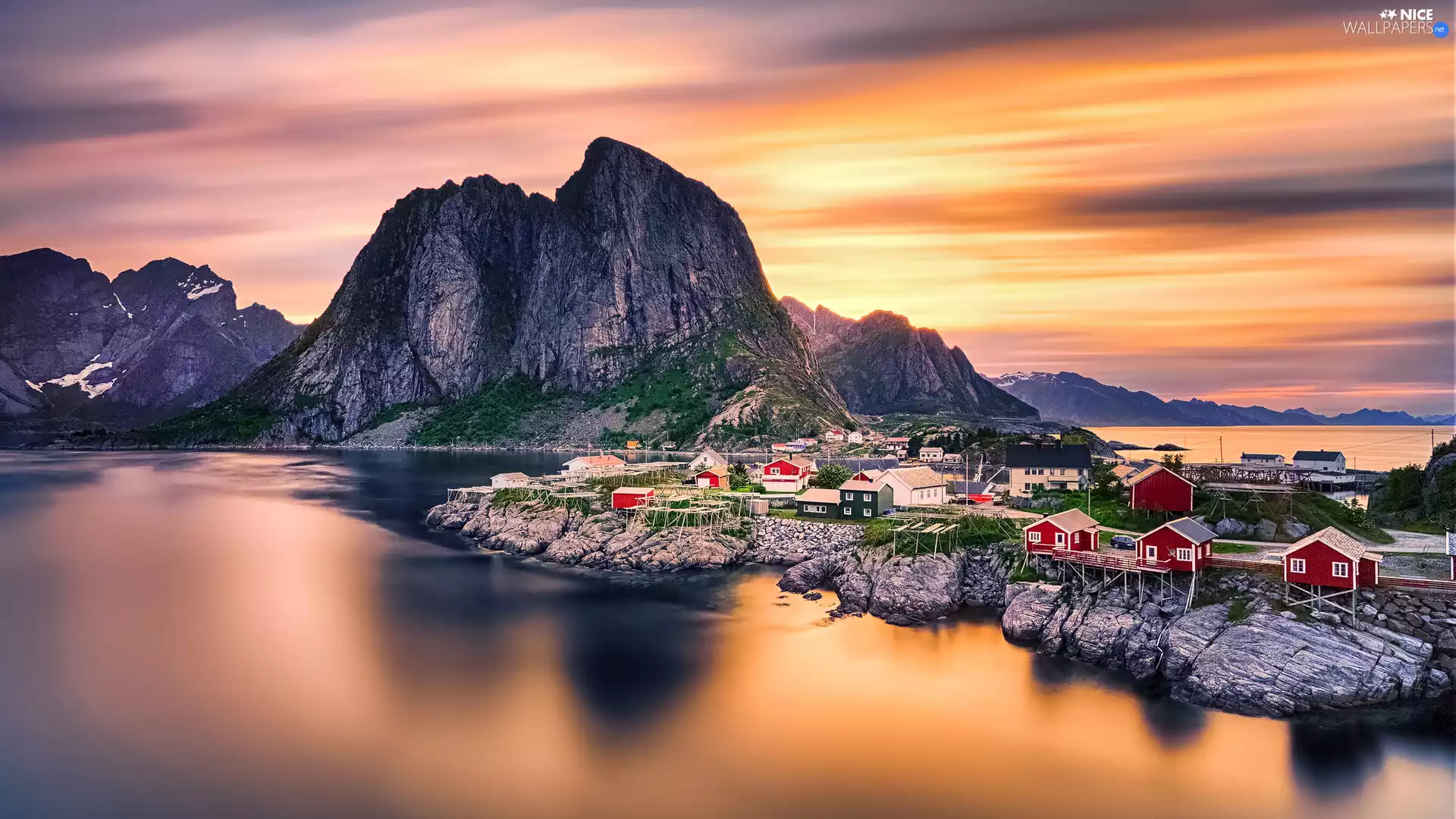 Lofoten, Mountains, Reine Village, Norwegian Sea, Norway, Houses, rocks