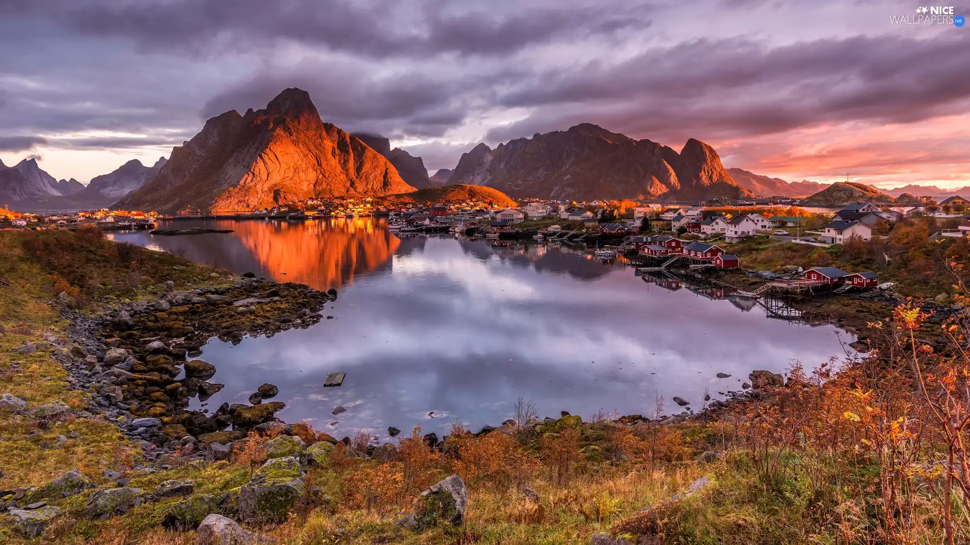 Moskenesoya Island, Reine Village, clouds, Norwegian Sea Mountains, Sunrise, Lofoten, Norway, Houses
