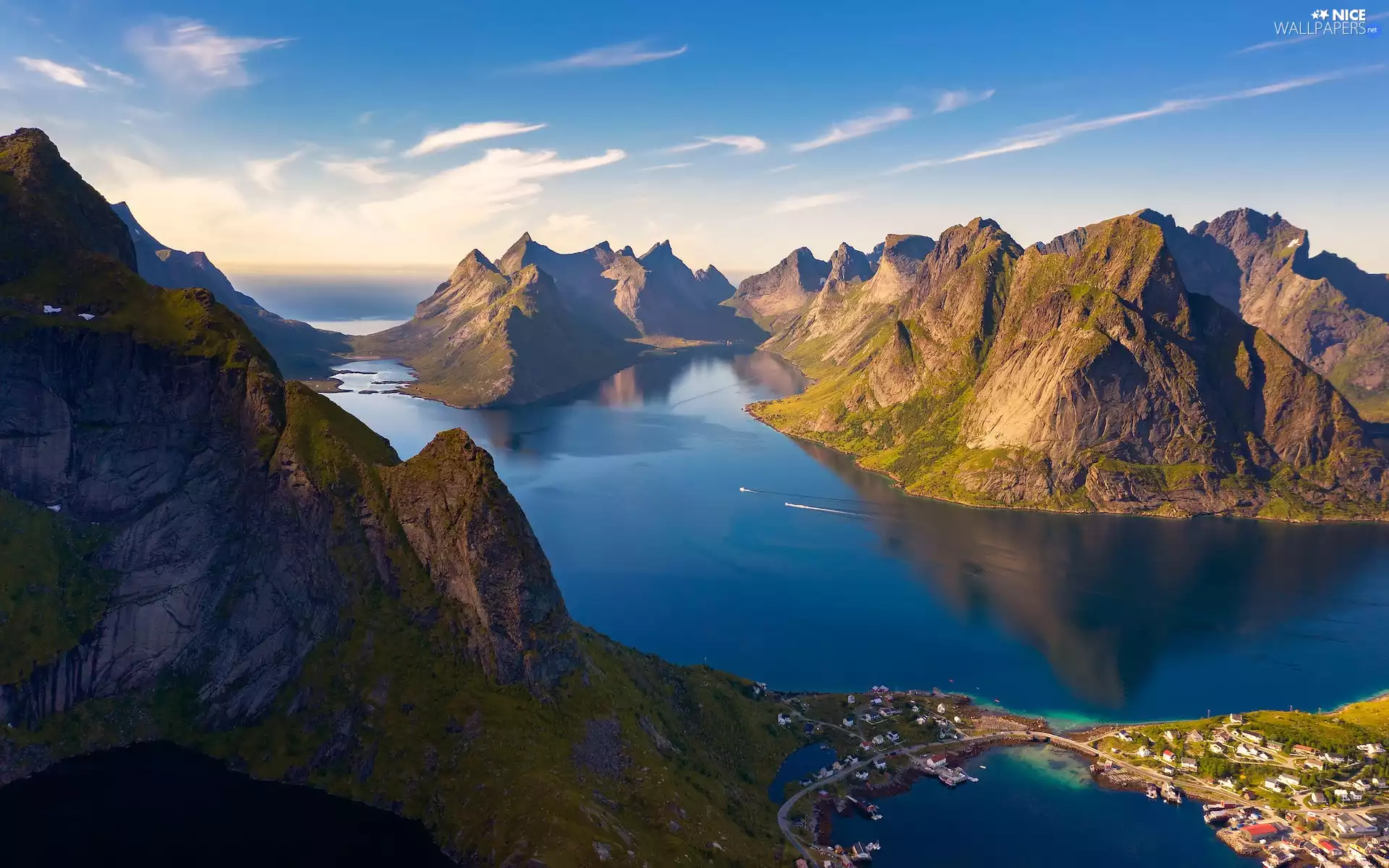 Fjords, sea, village, Lofoten, Norway, Mountains, Reine
