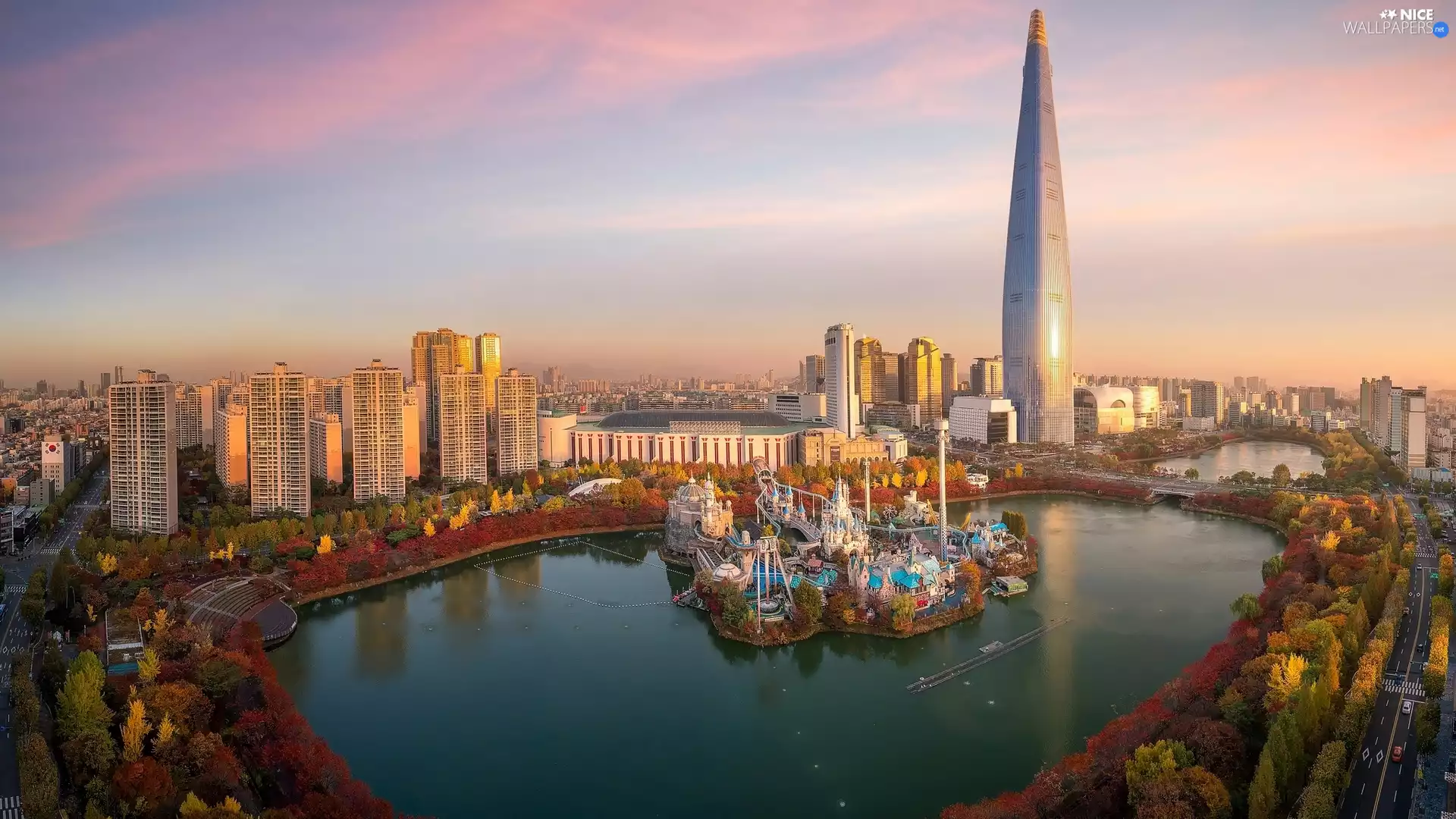 Lotte World Theme Park, lake, Seul, Lotte World Tower, South Korea