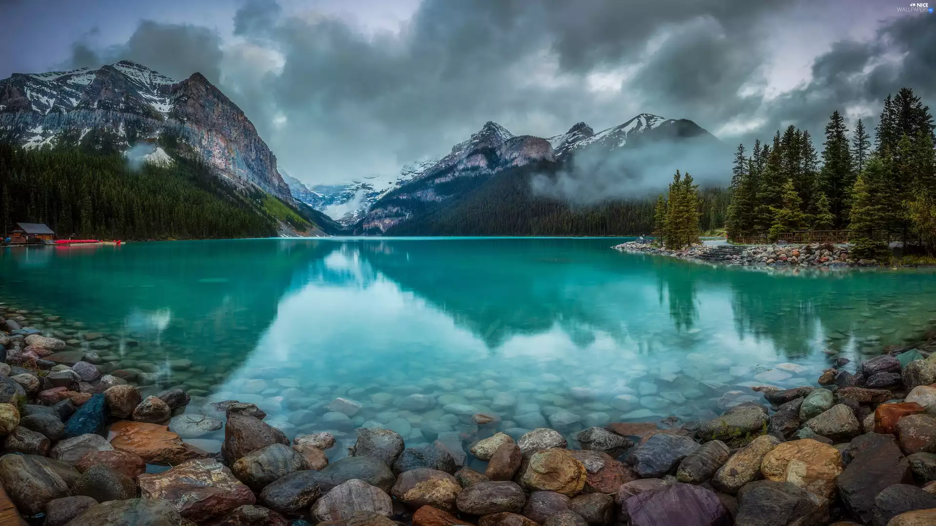 house, Stones, Lake Louise, Alberta, trees, Mountains, lake, Canada, Banff National Park, viewes