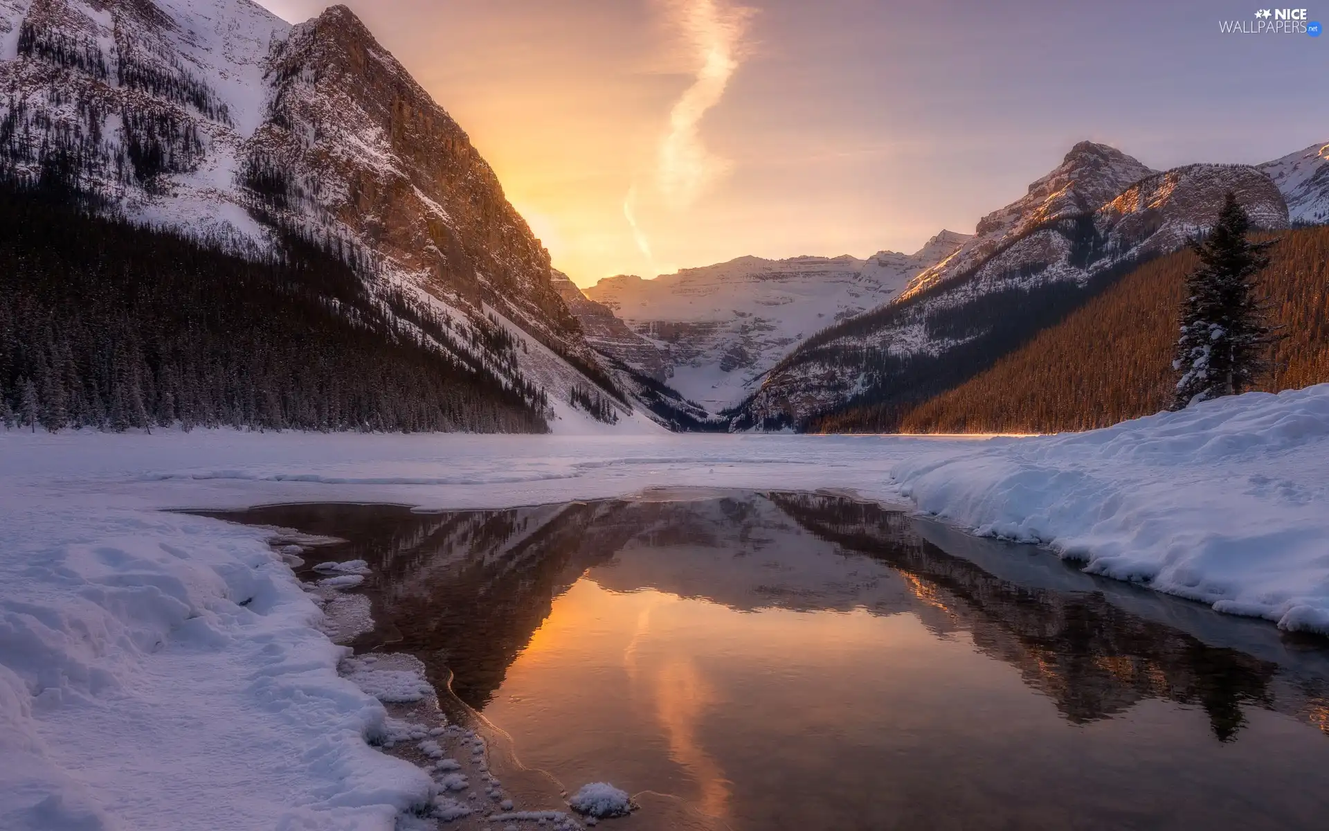 Mountains, winter, trees, forest, Sunrise, Canada, Alberta, Lake Louise, lake, Banff National Park, viewes