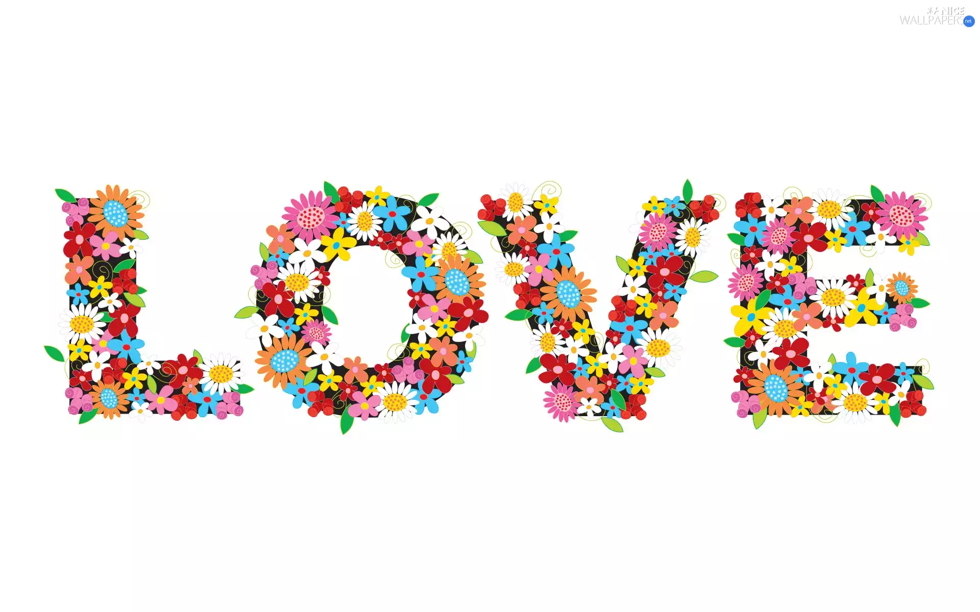 LOVE, flowers, text