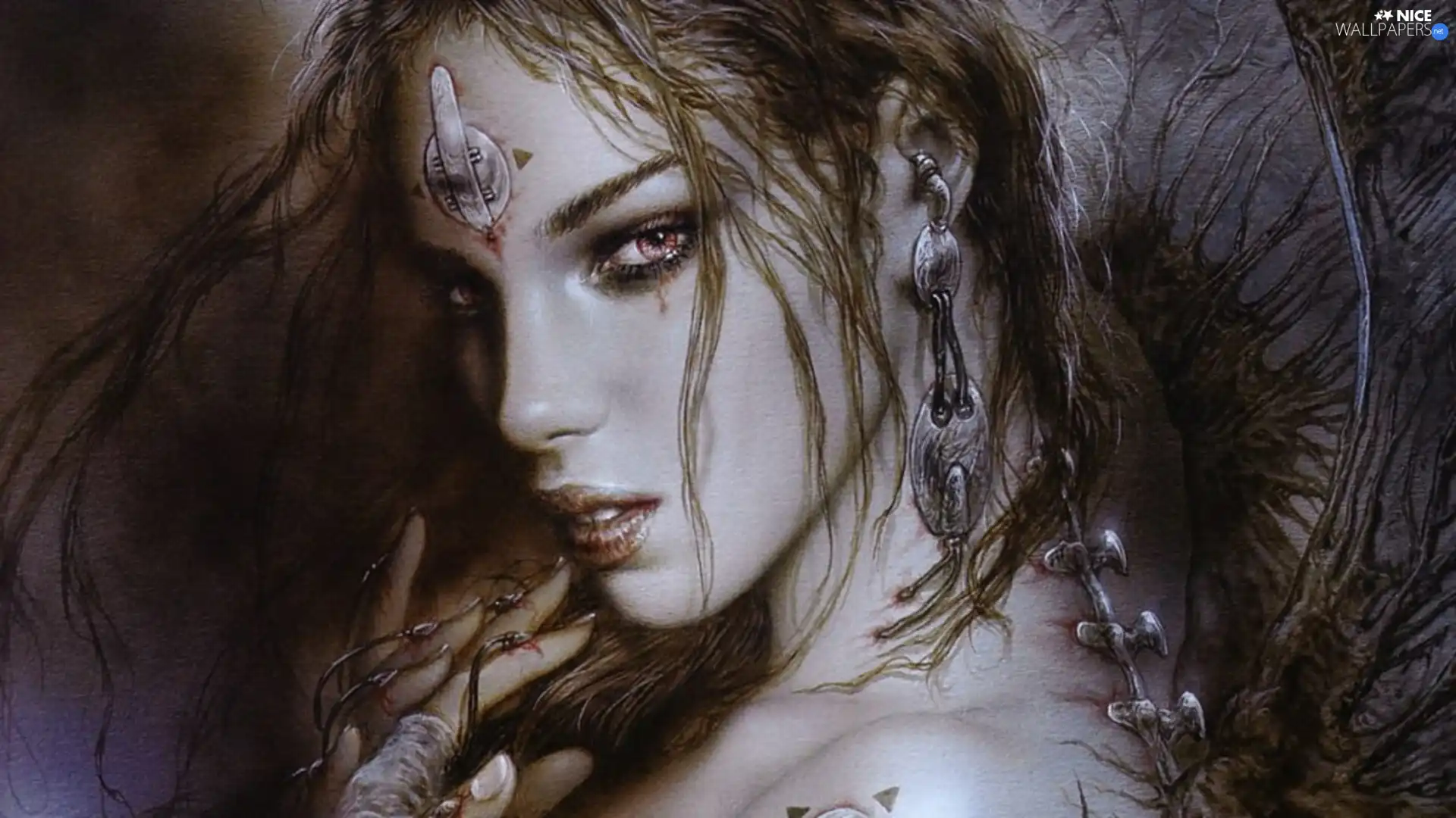 girl, finger, Luis Royo, ear-ring