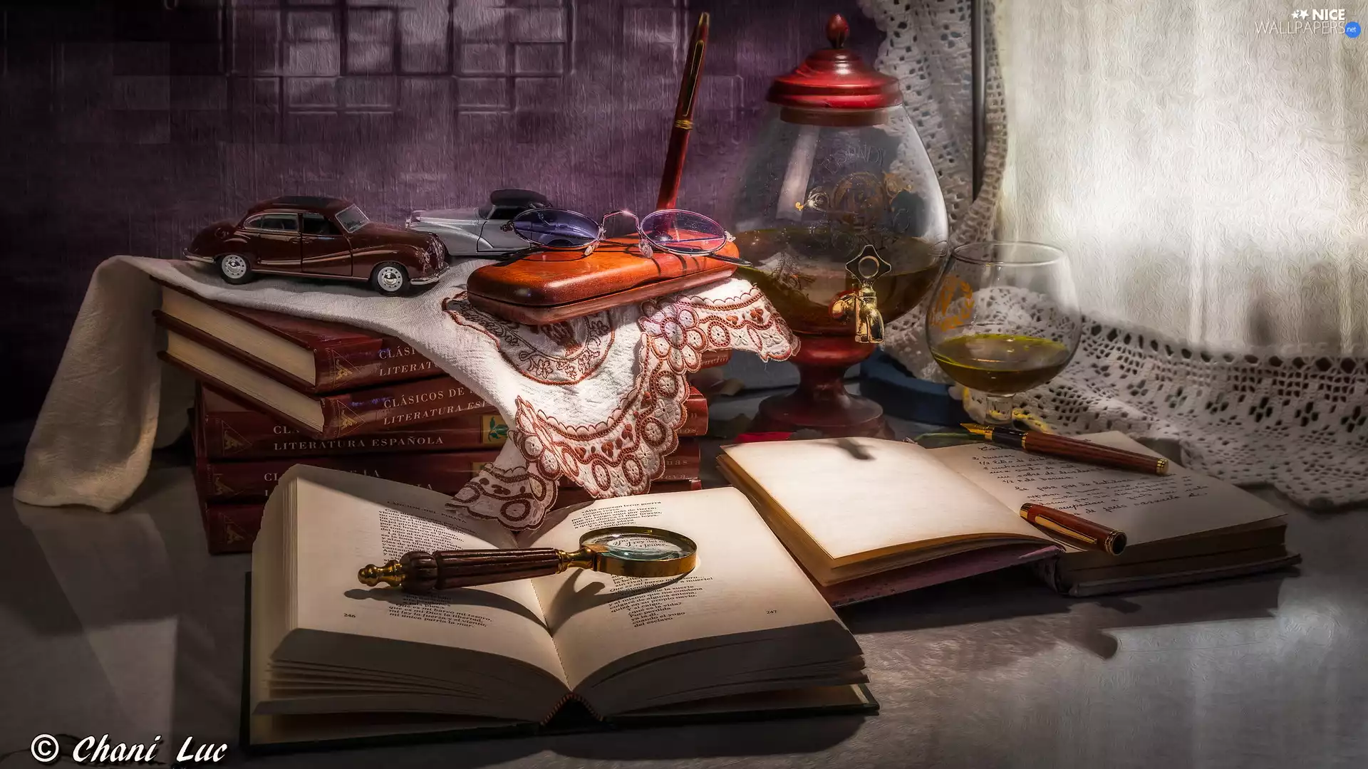 magnifying glass, Books, pen, Glasses, composition, note-book, napkin