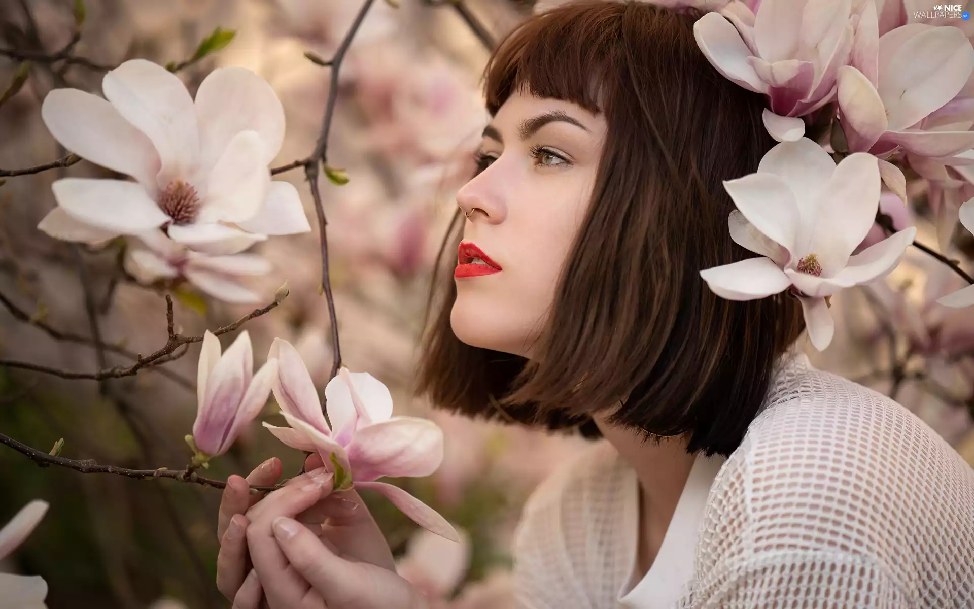 Women, make-up, Magnolia, Flowers, Bush