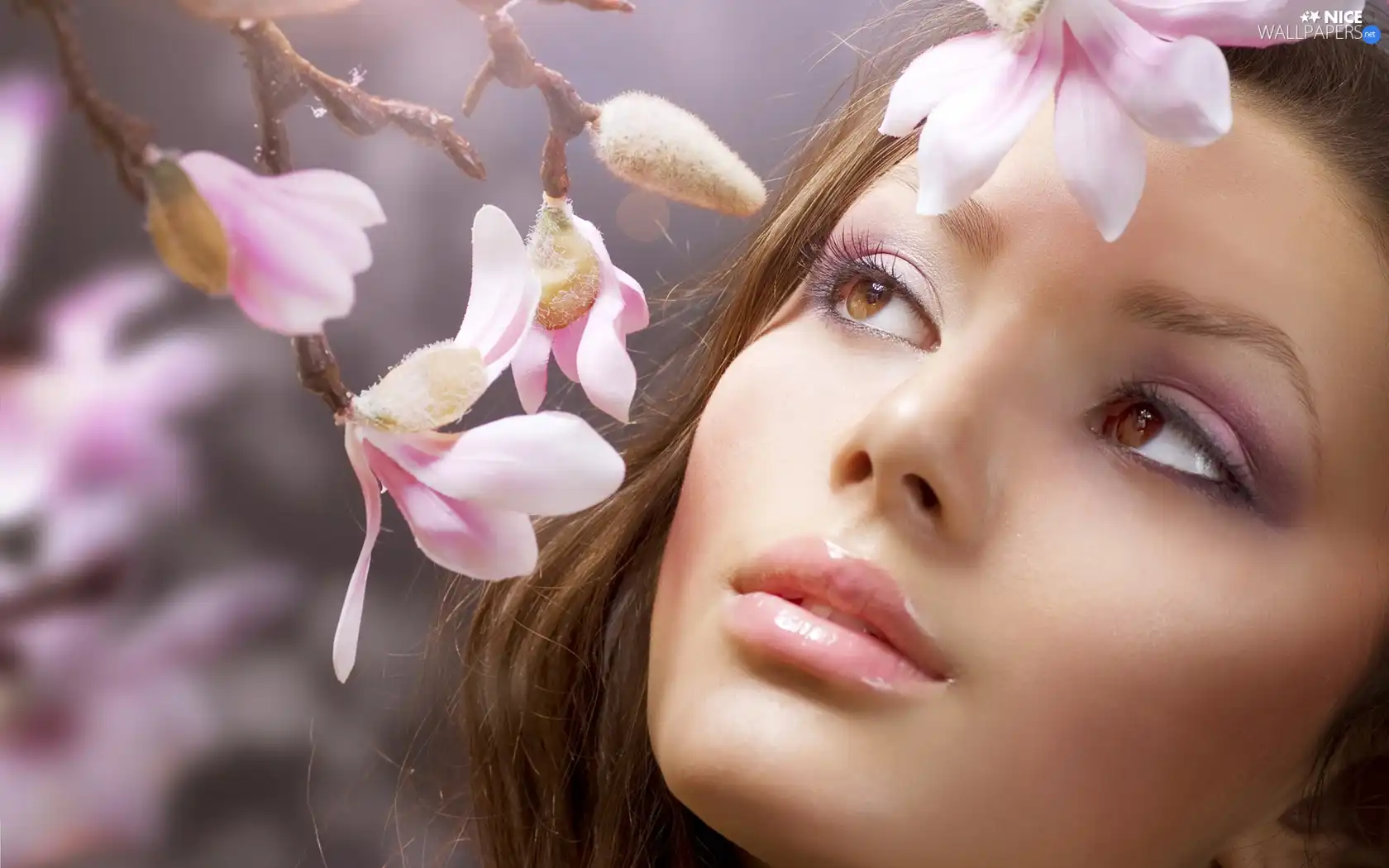 girl, Flowers, make-up, face