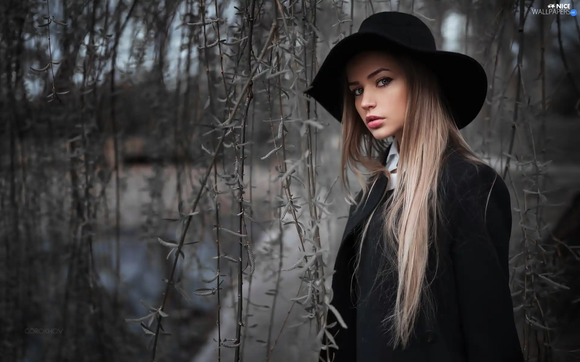 make-up, Blonde, trees, viewes, Hat, model