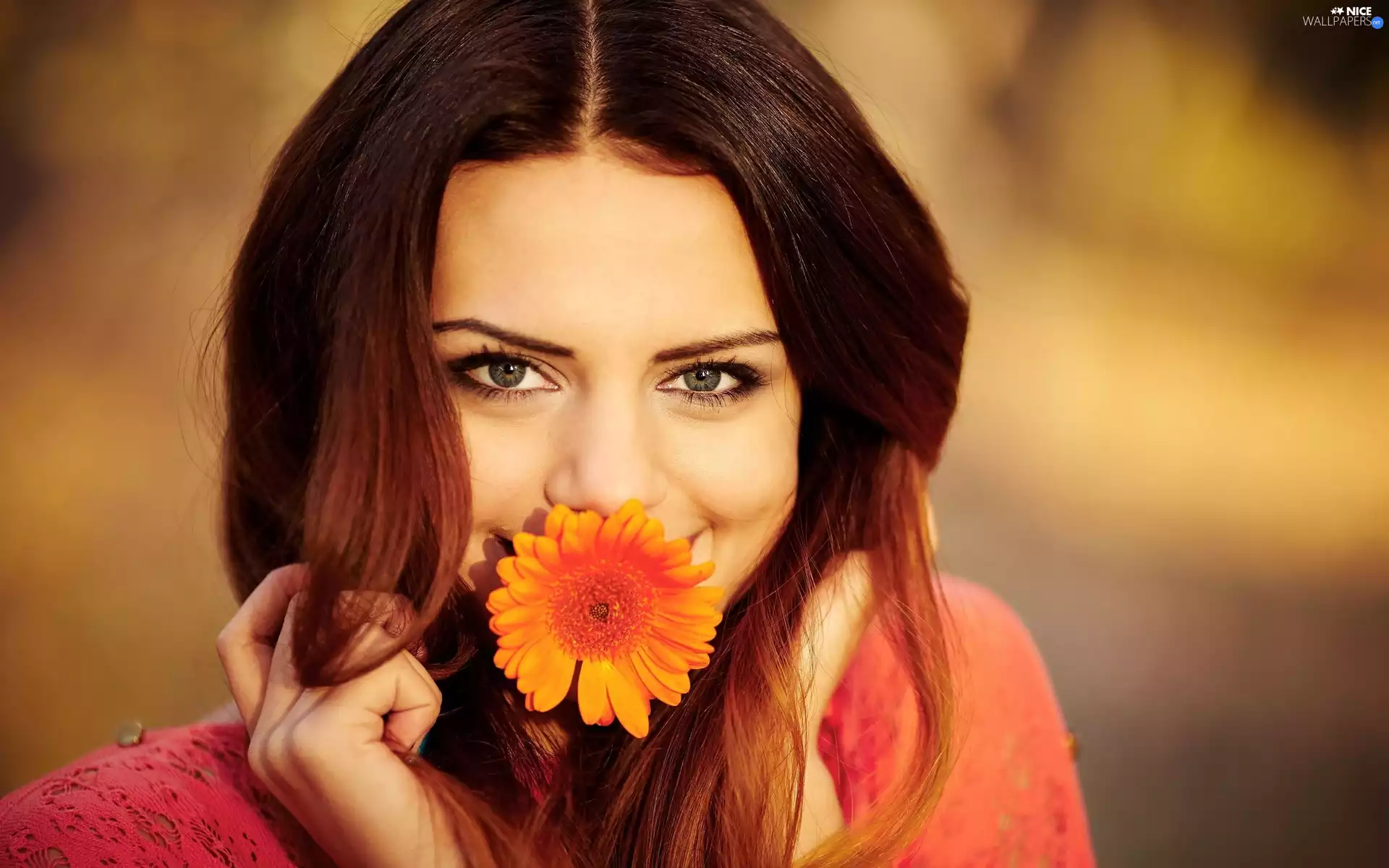 smiling, make-up, Flower, brunette