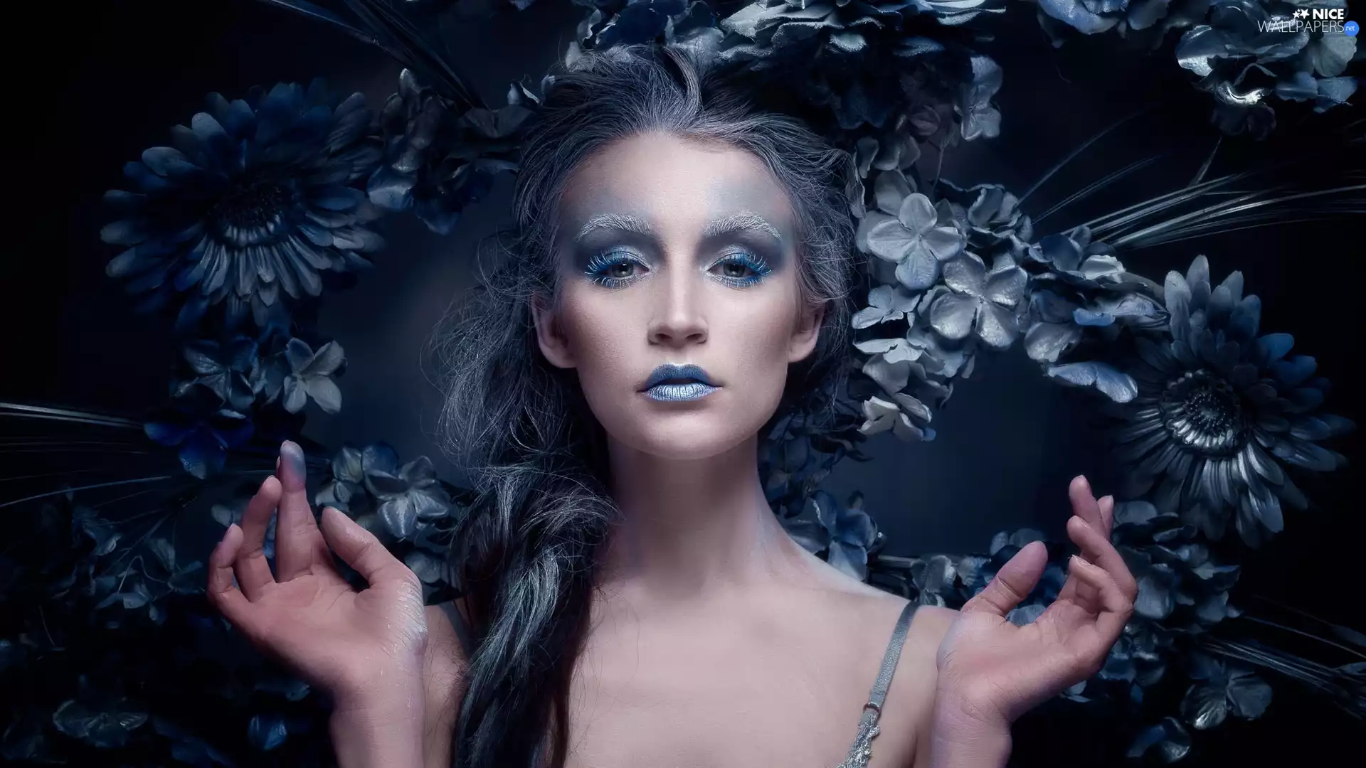 background, Flowers, face, make-up, Women