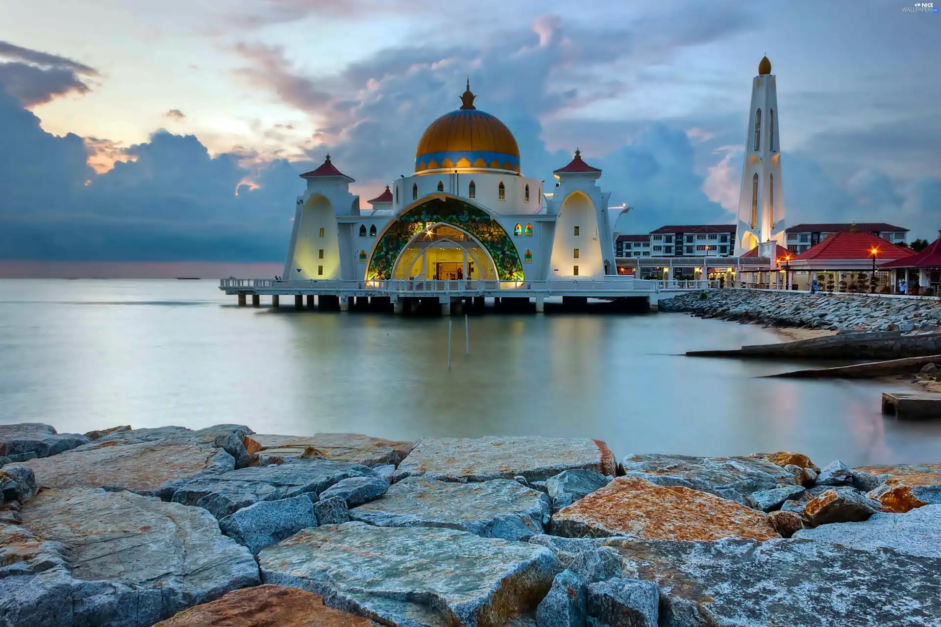 sea, rocks, Malaysia, mosque