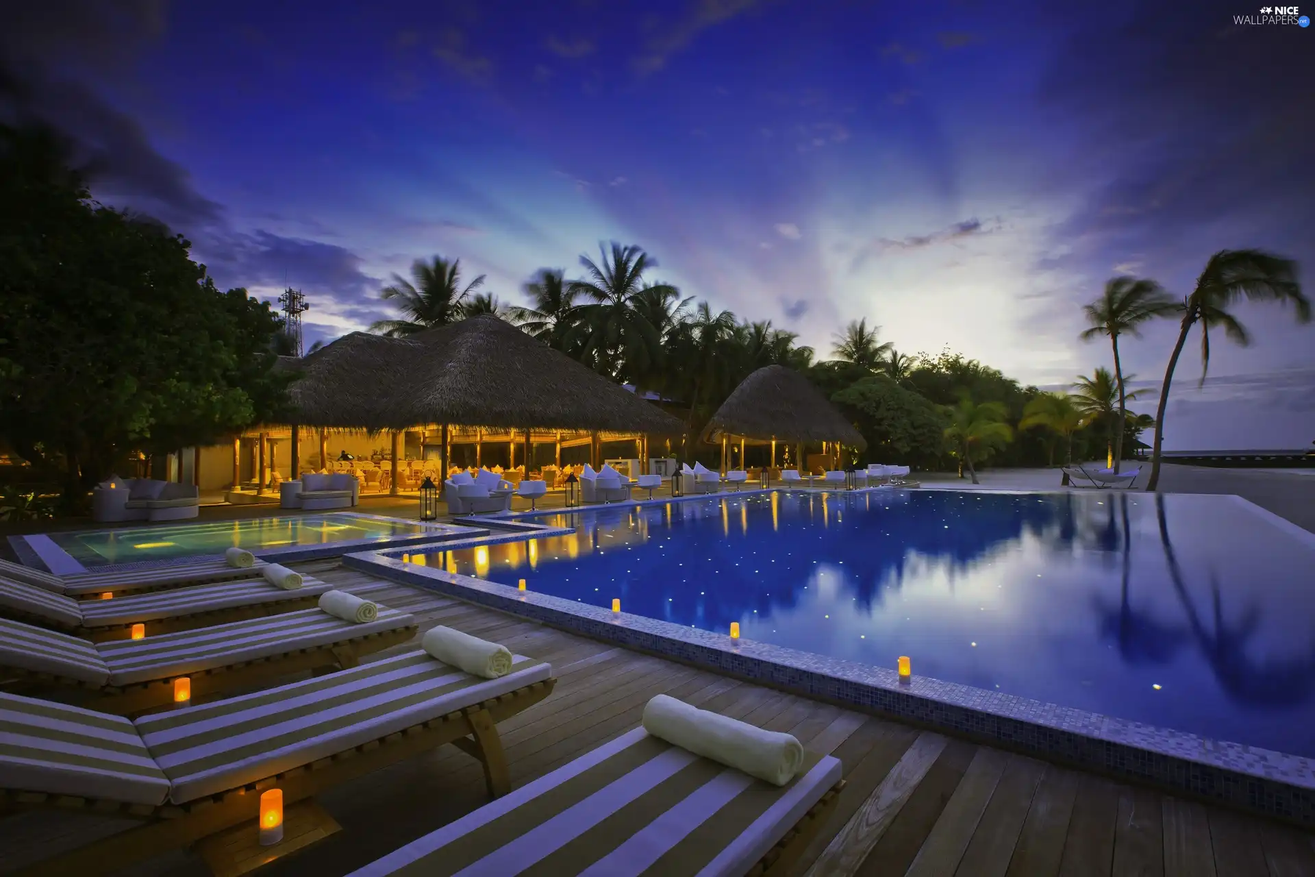 Pool, Maldives, Palms, holiday, deck chair, Restaurant