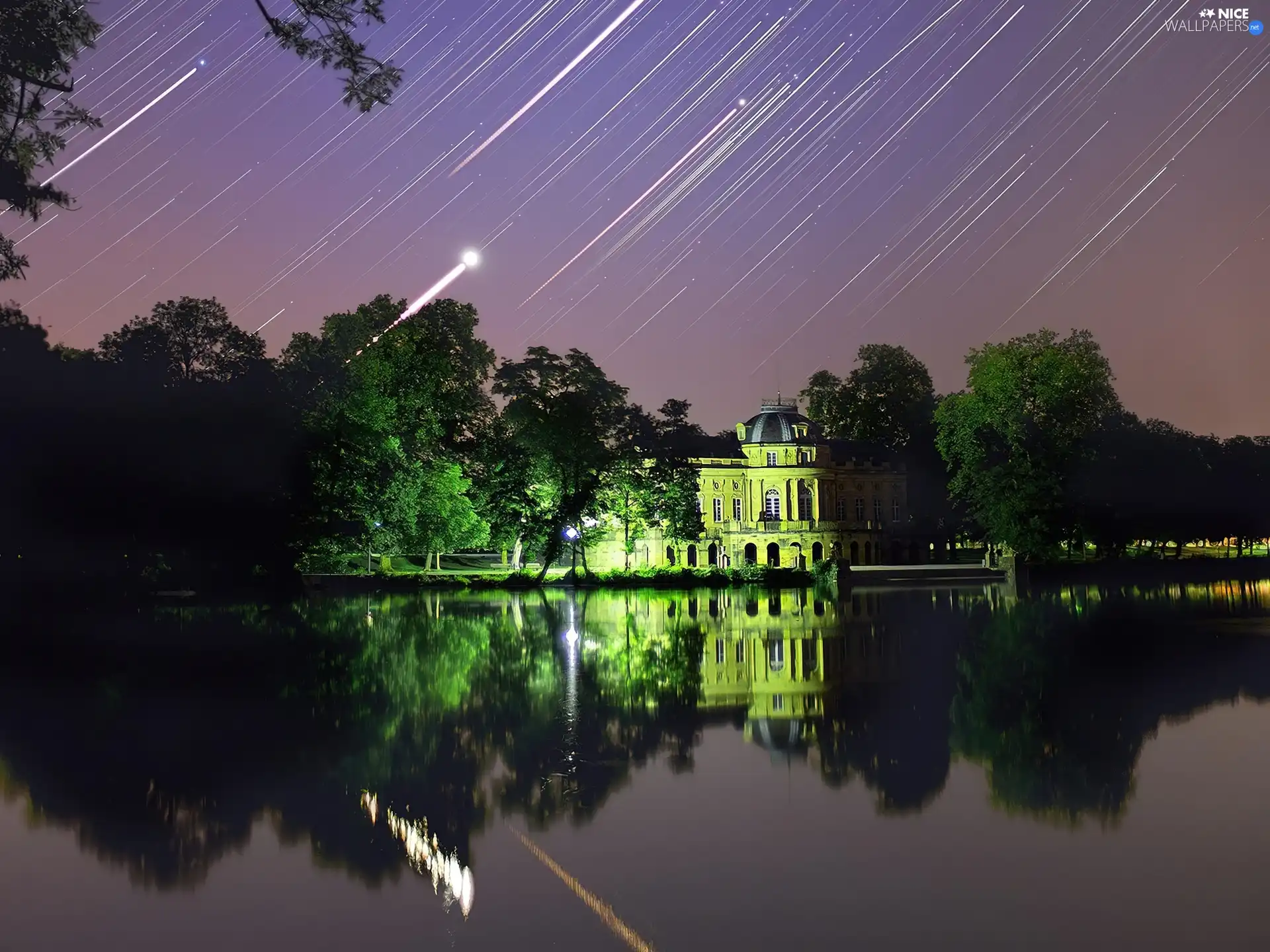 Mansion, Night, Falling, star, Pond - car, Floodlit