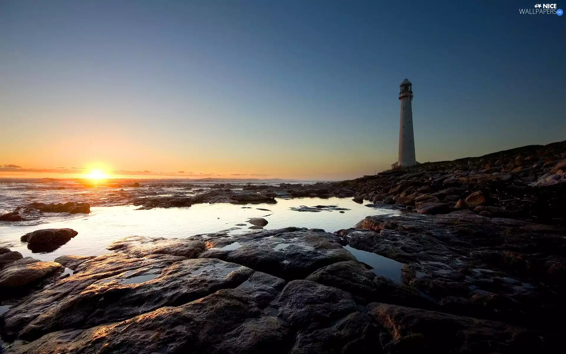 Lighthouse, maritime, sun, Stones, west